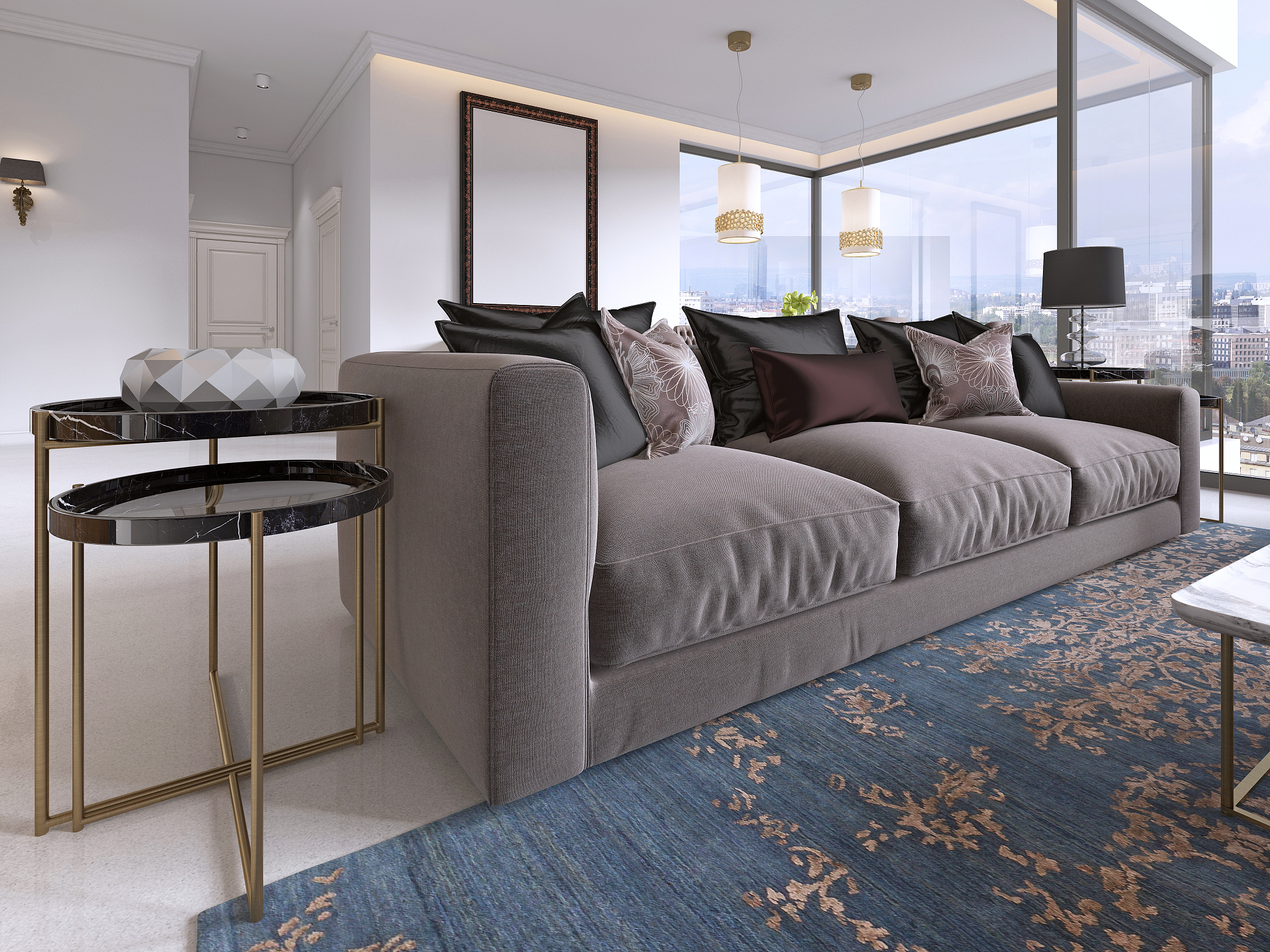 living room with large windows and beautiful views of the city.