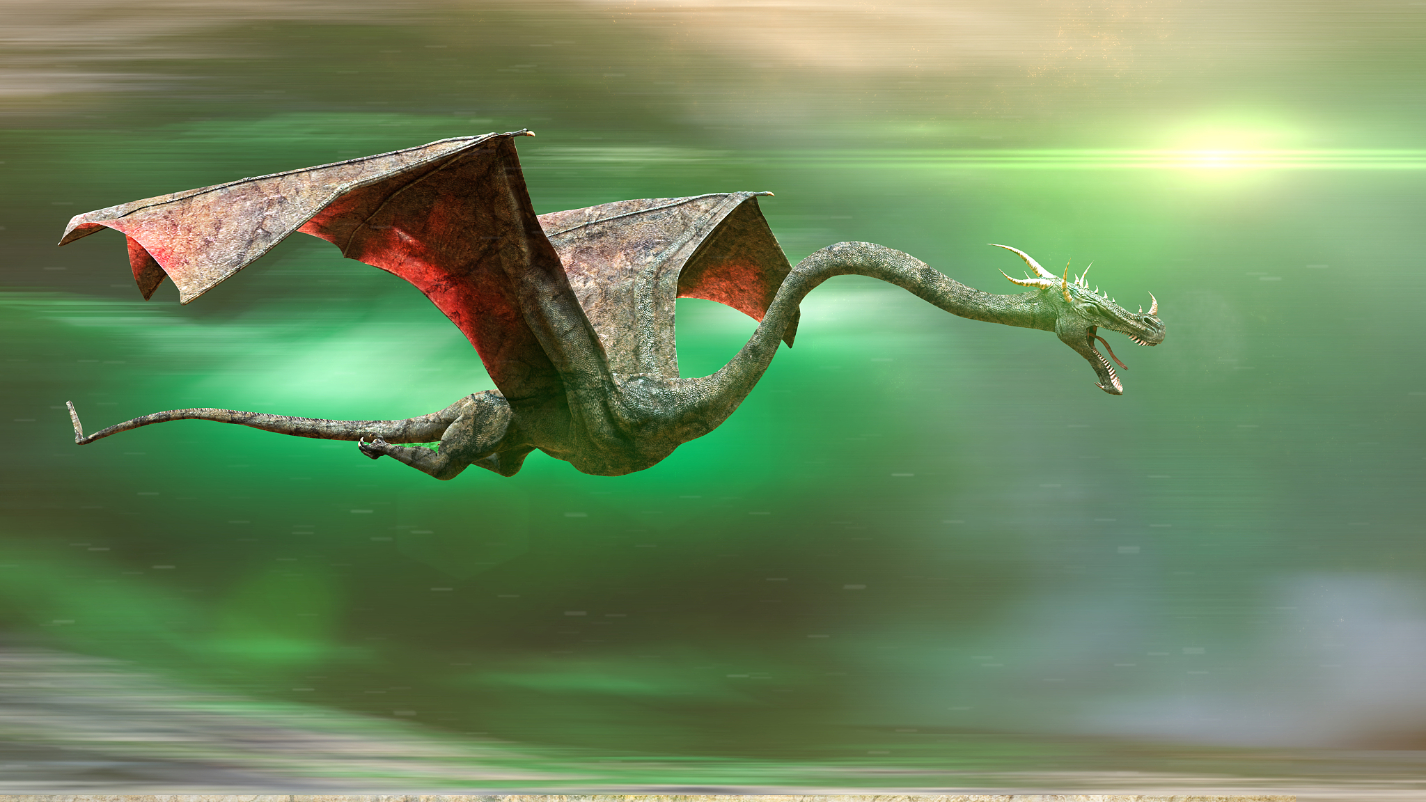 fast flying dragon, legendary creature in front of an abstract b