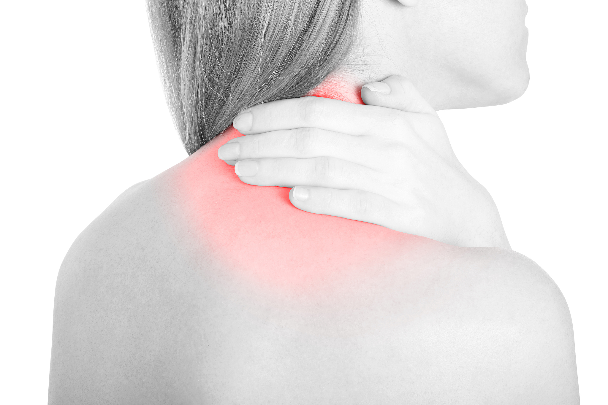 young woman with neck pain, red area on white, clipping path
