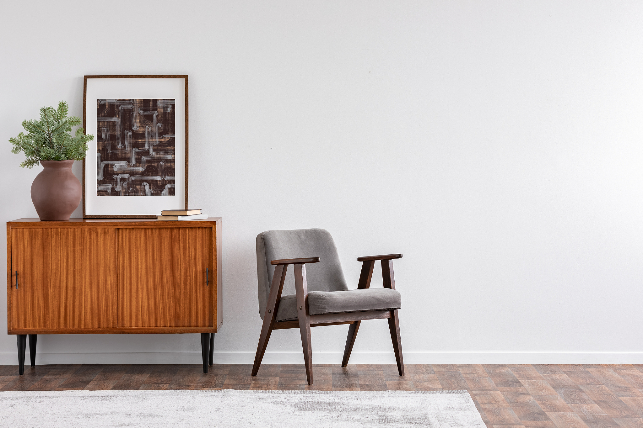 vintage living room interior with retro furniture and poster on 