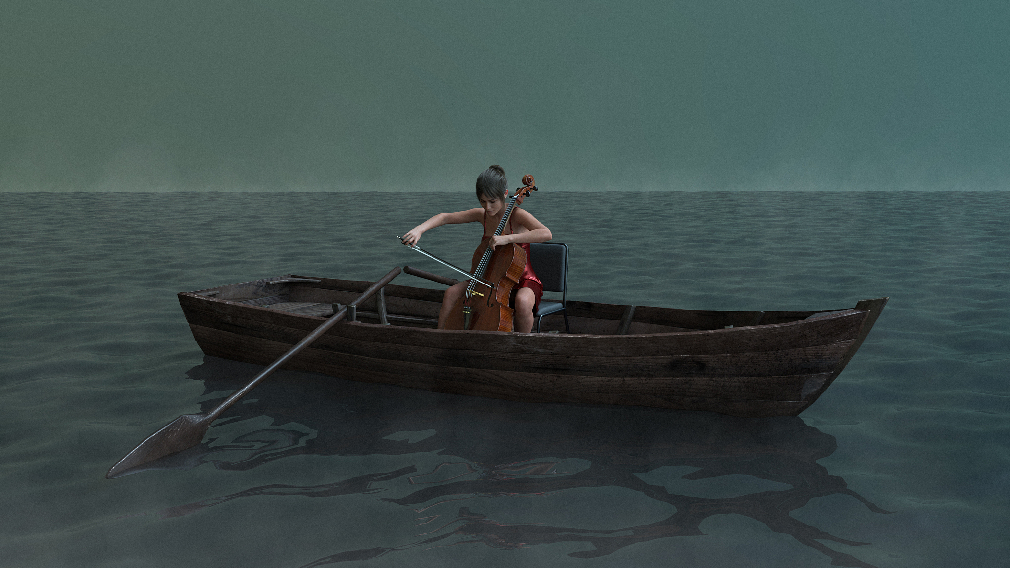 woman in rowboat playing cello
