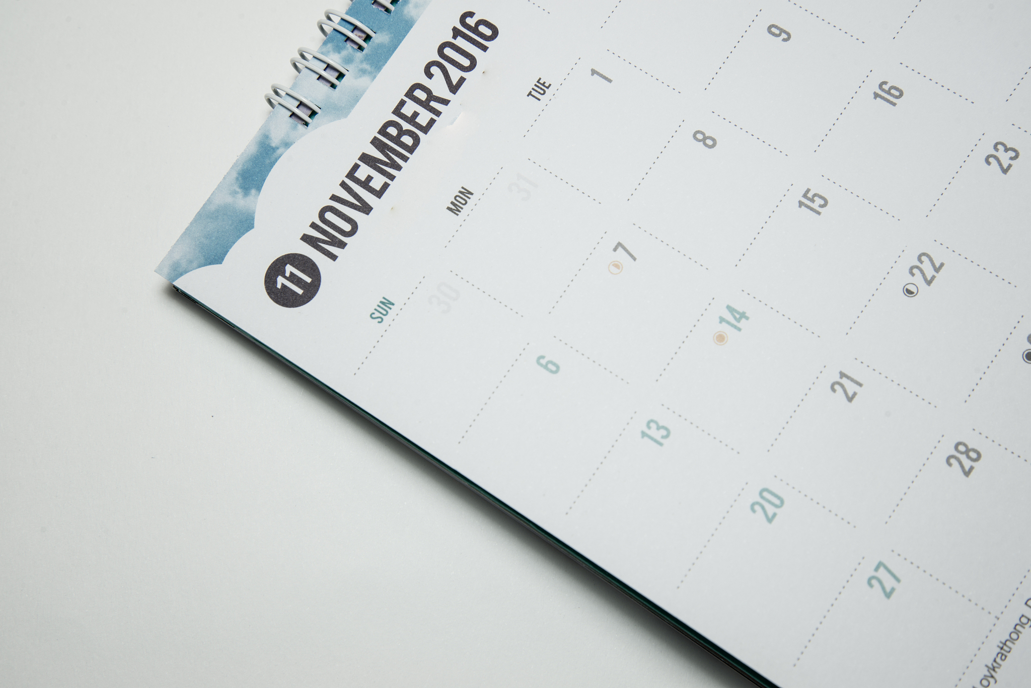 closeup  calendar 2016 november in dark tone.