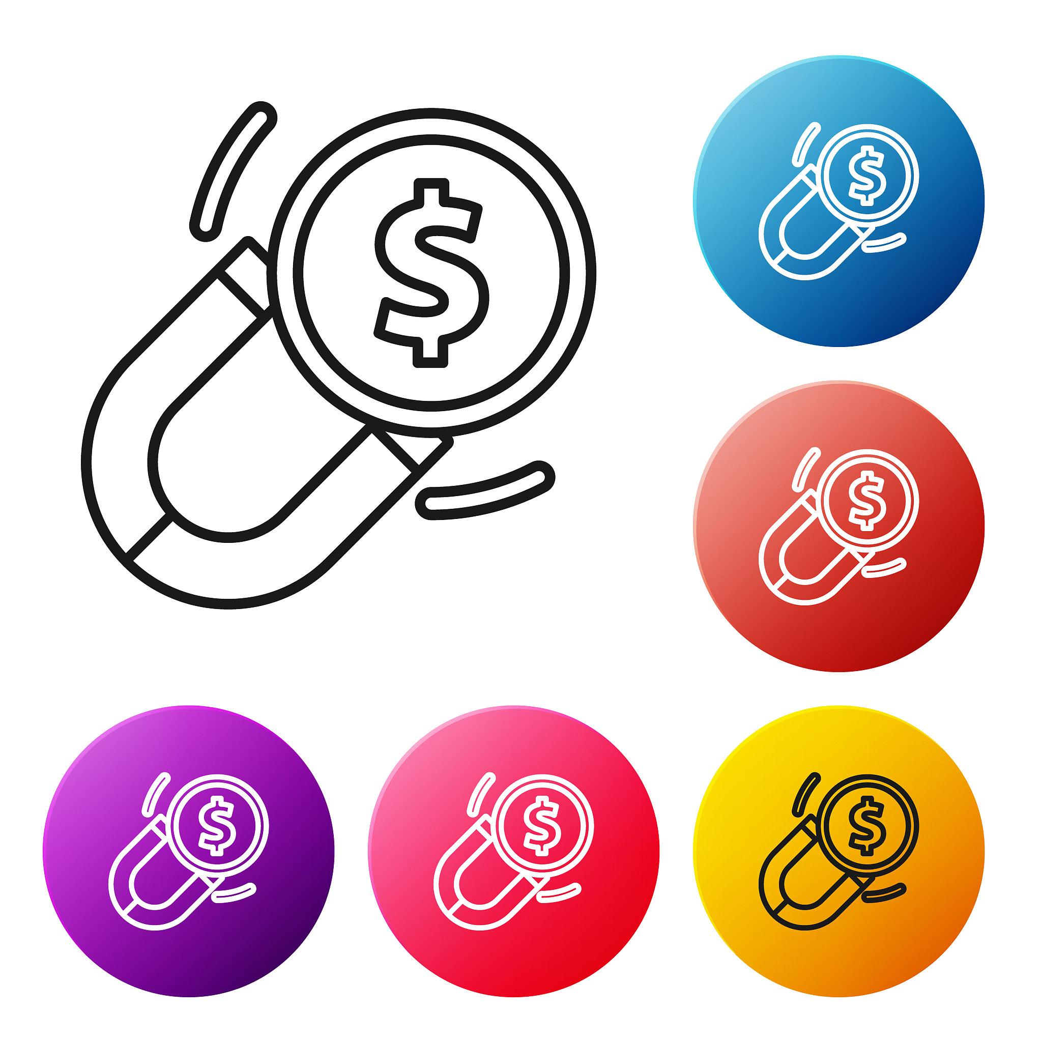 black line magnet with money icon isolated on white background. 