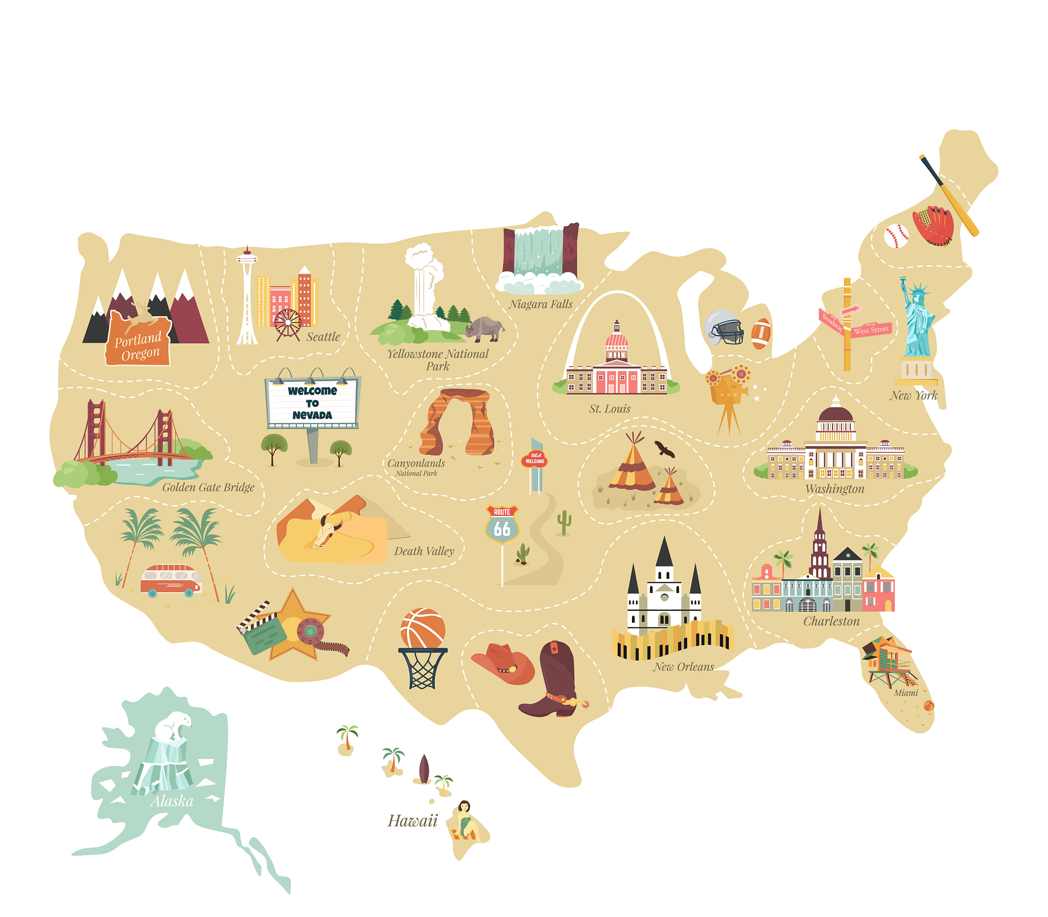 usa tourist map with famous landmarks