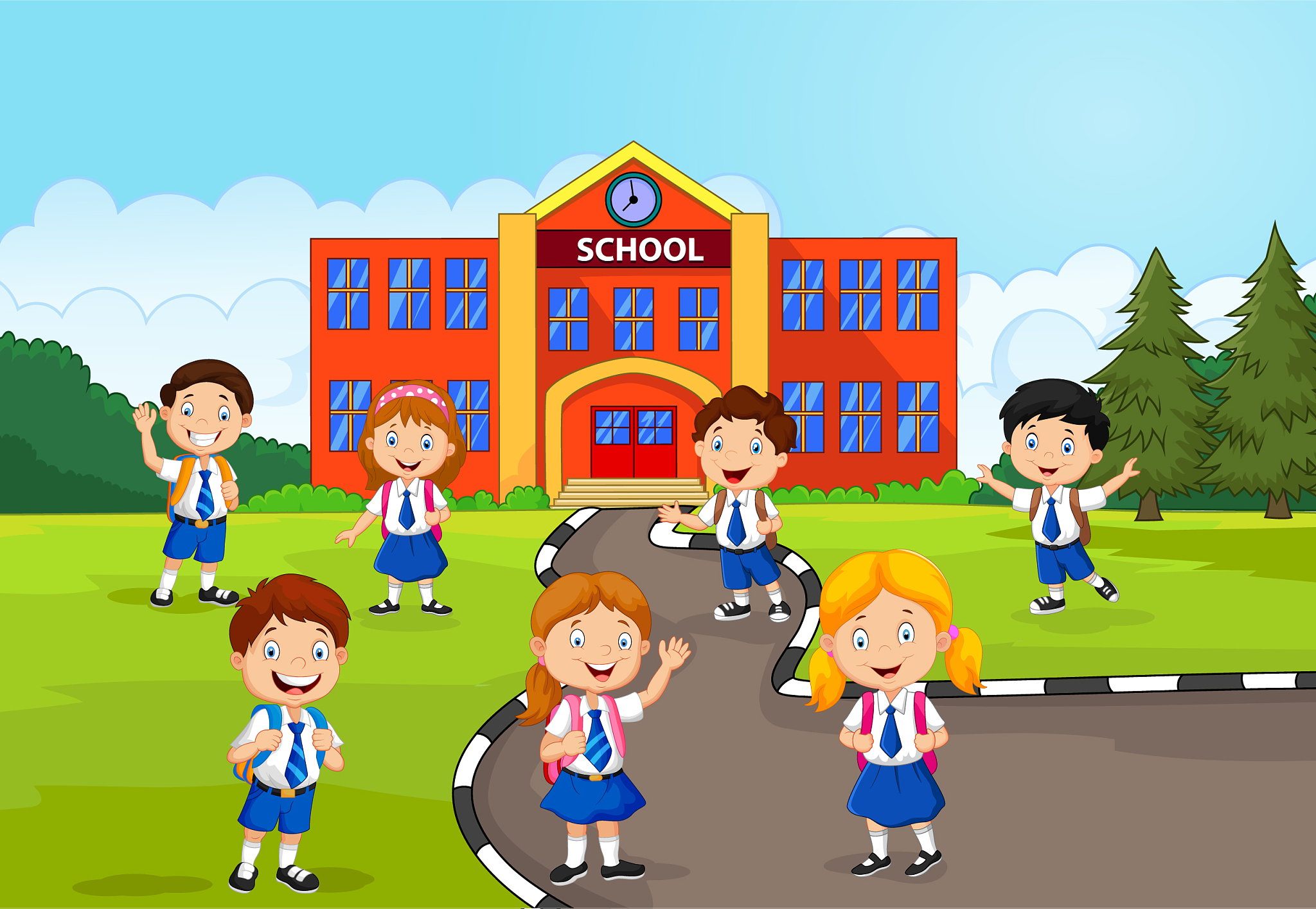 happy school children in front of the school