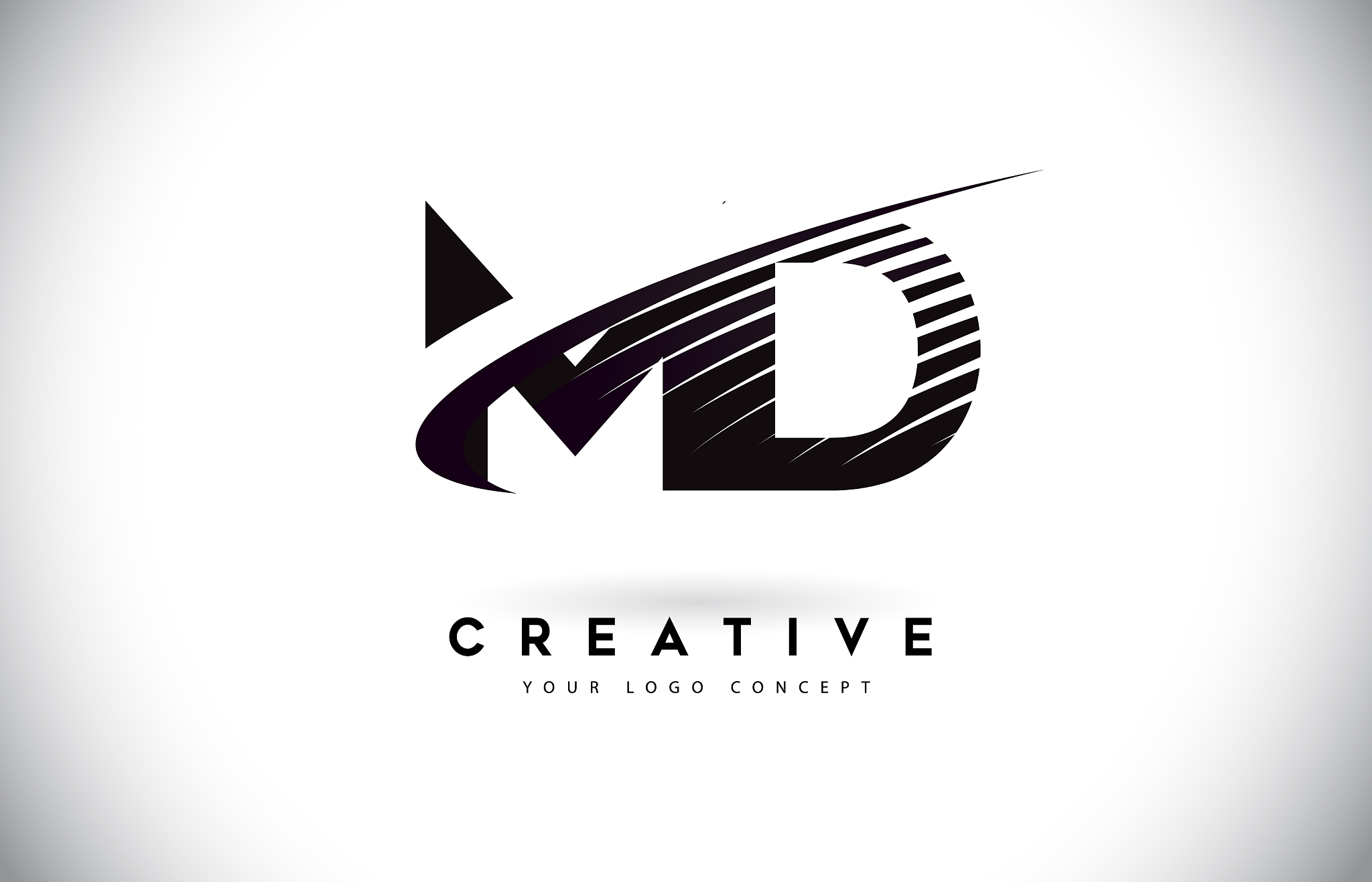 md m d letter logo design with swoosh and black