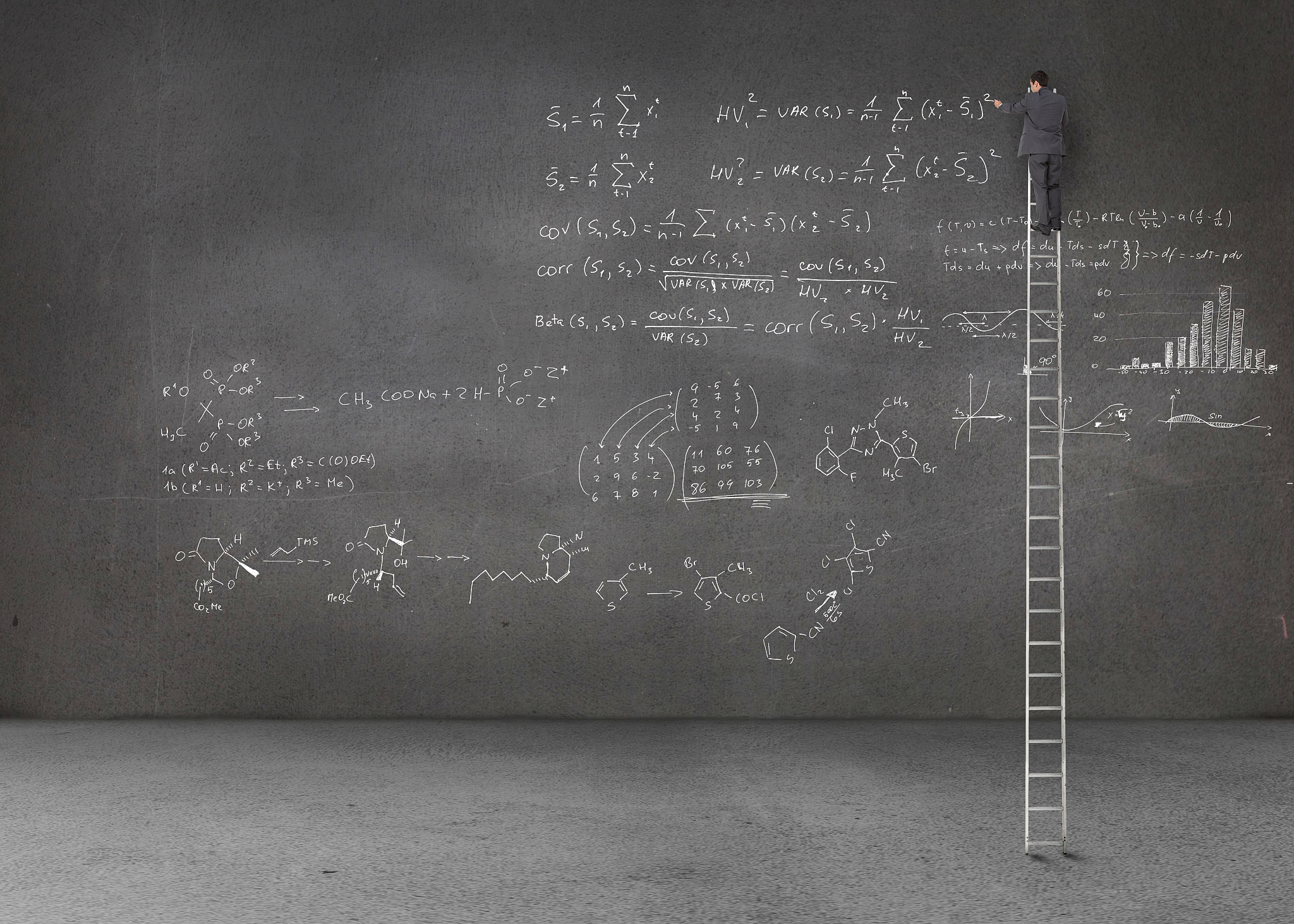businessman standing on a giant ladder and writing maths equatio