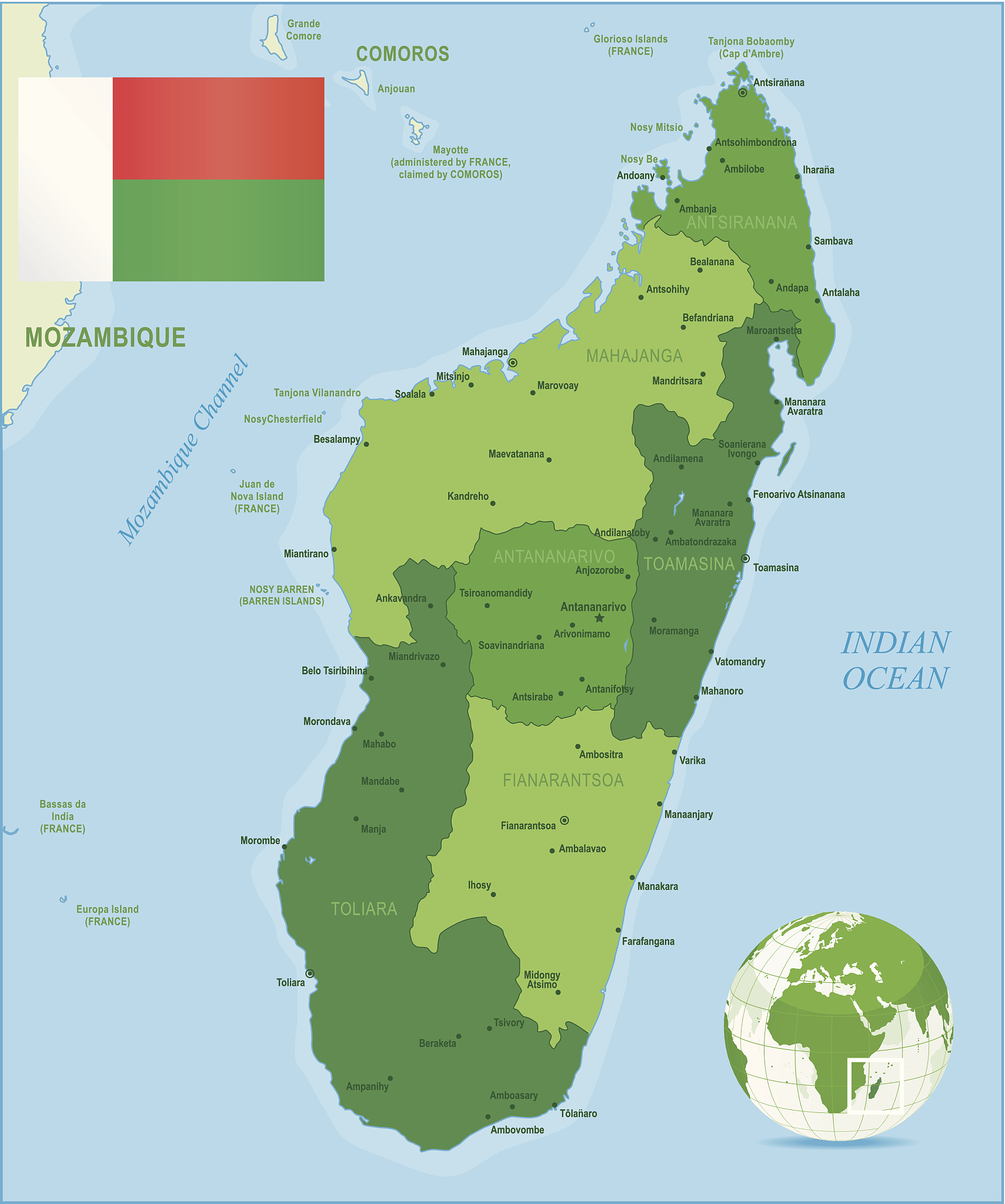 green map of madagascar - states, cities and flag