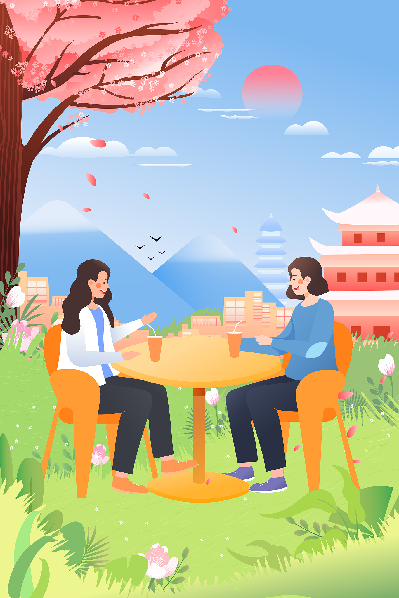 卡通清新妇女节女生节闺蜜下午茶背景矢量插画