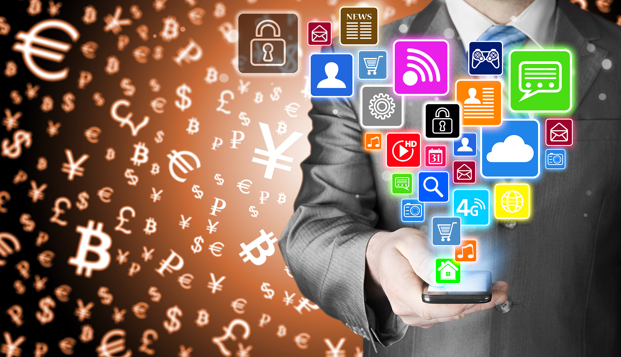 business man using smart phone with social media icon set