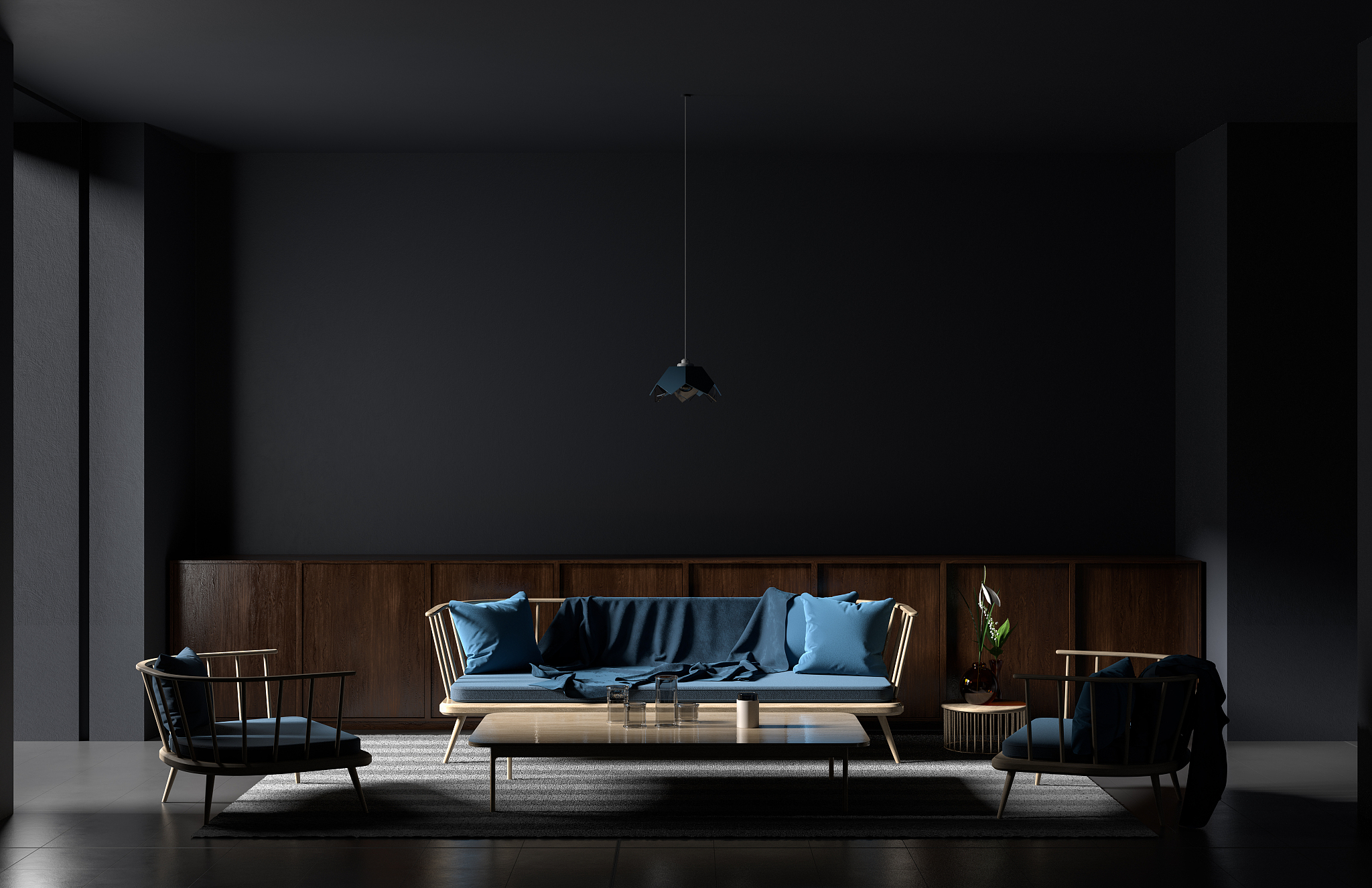 modern style dark interior with wooden furnitures. minimalist in