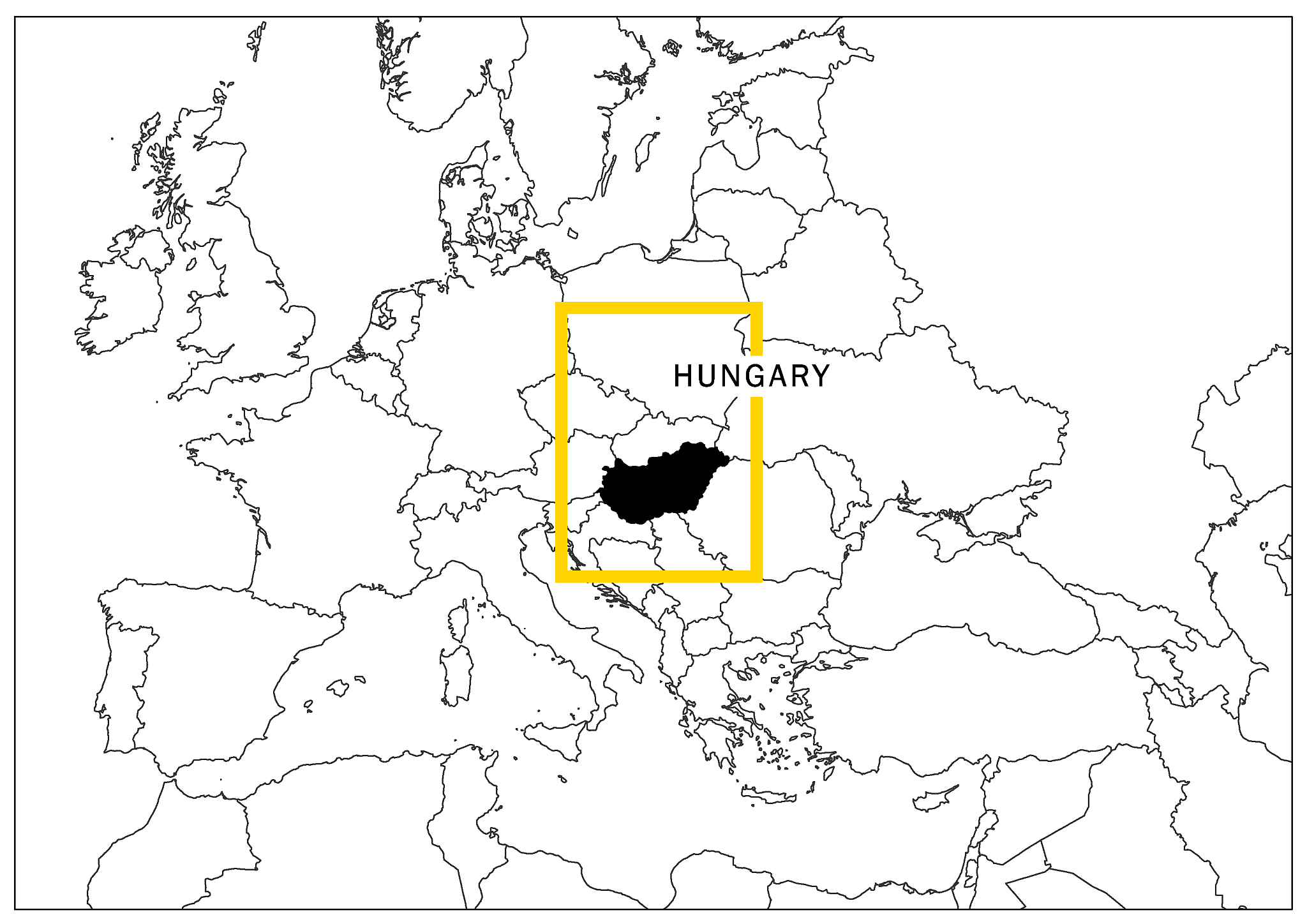 hungary map with yellow frame and name country
