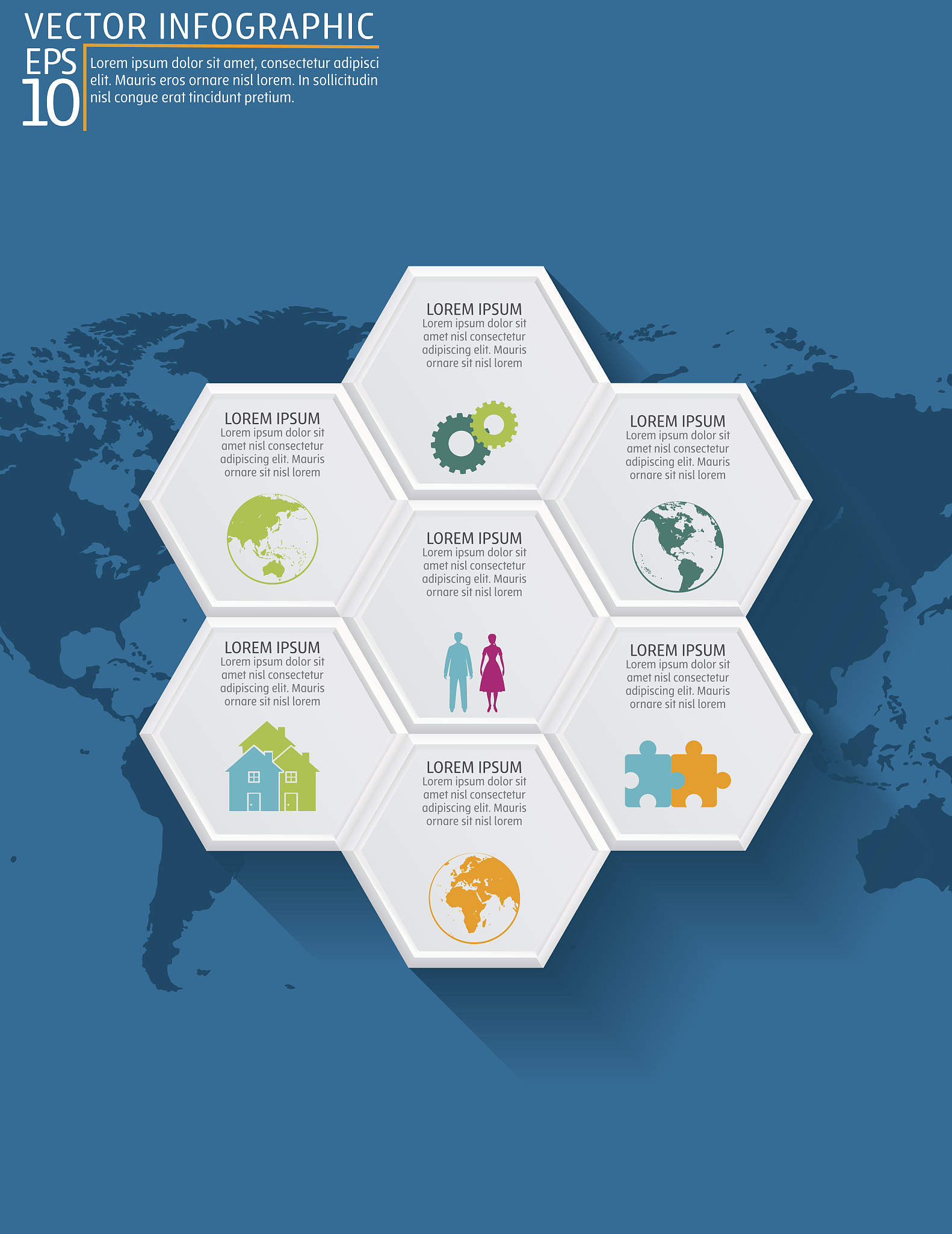 colourful geometric hexagon infographic on blue background
