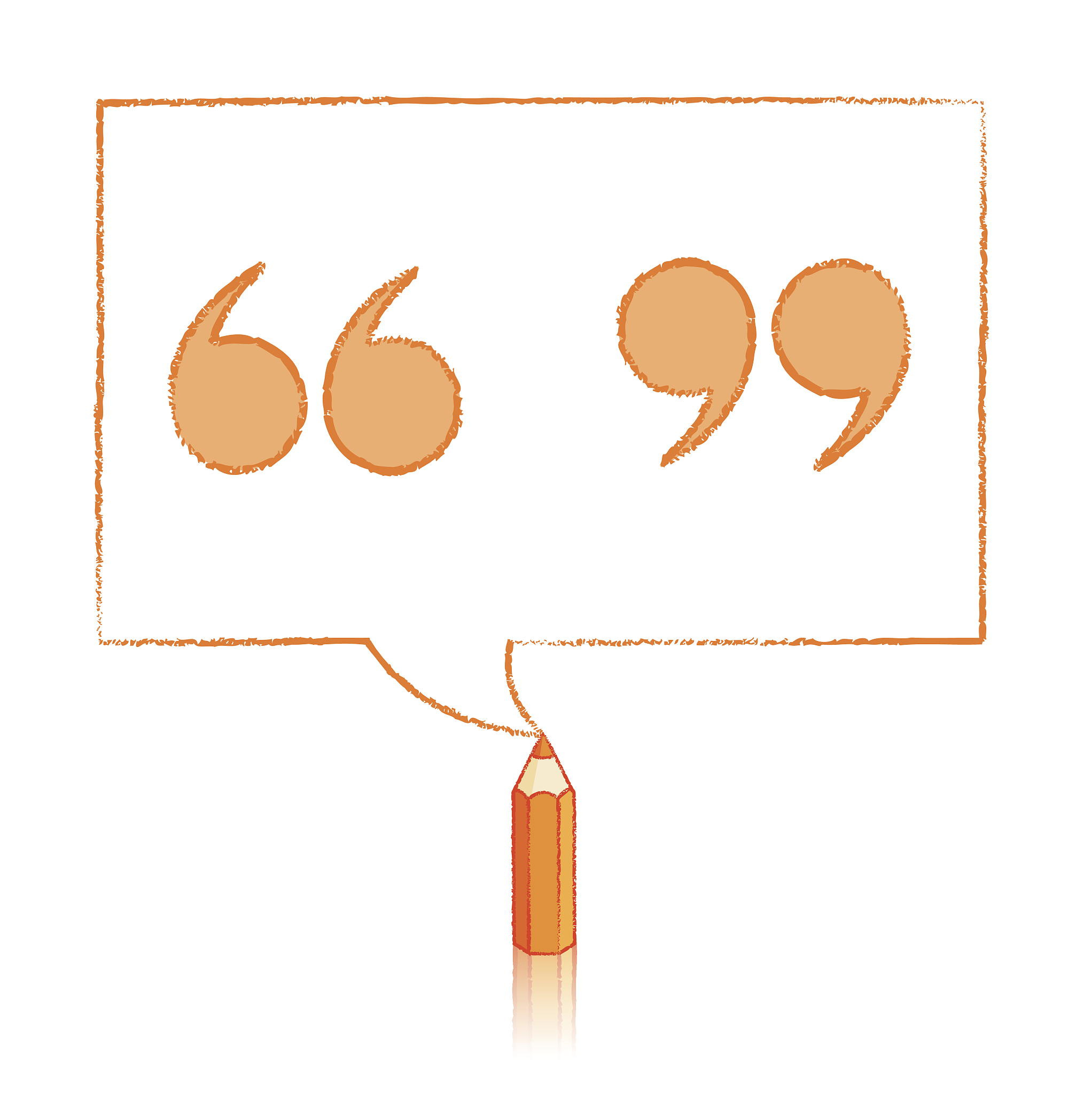orange pencil drawing quotation marks in rectangular speech ball