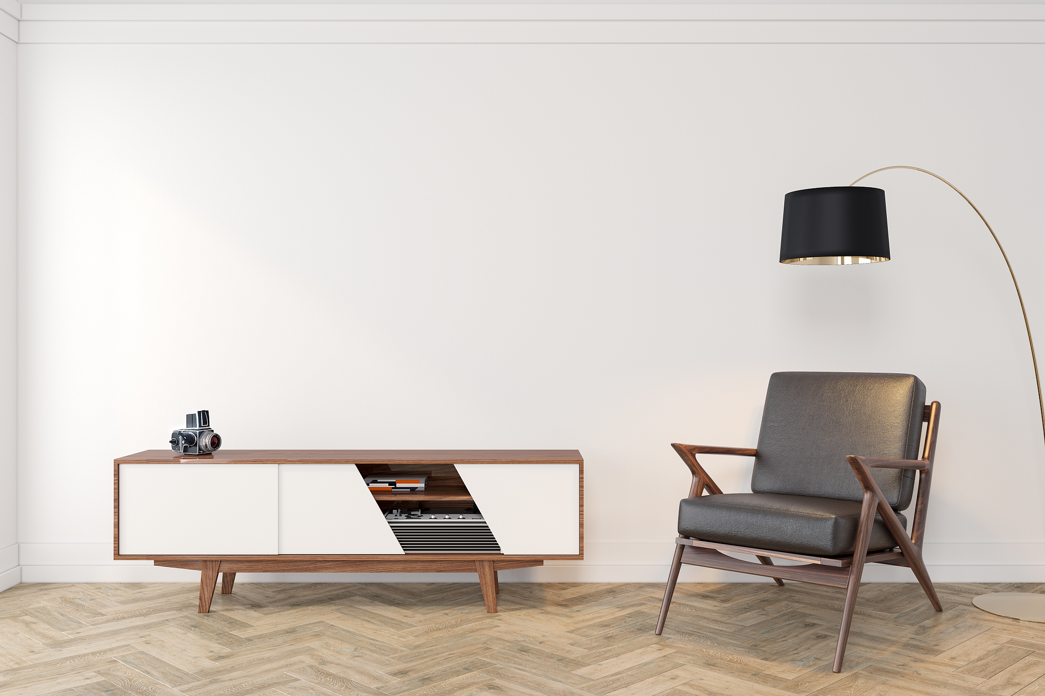 mid century modern interior empty room with white wall, dresser,