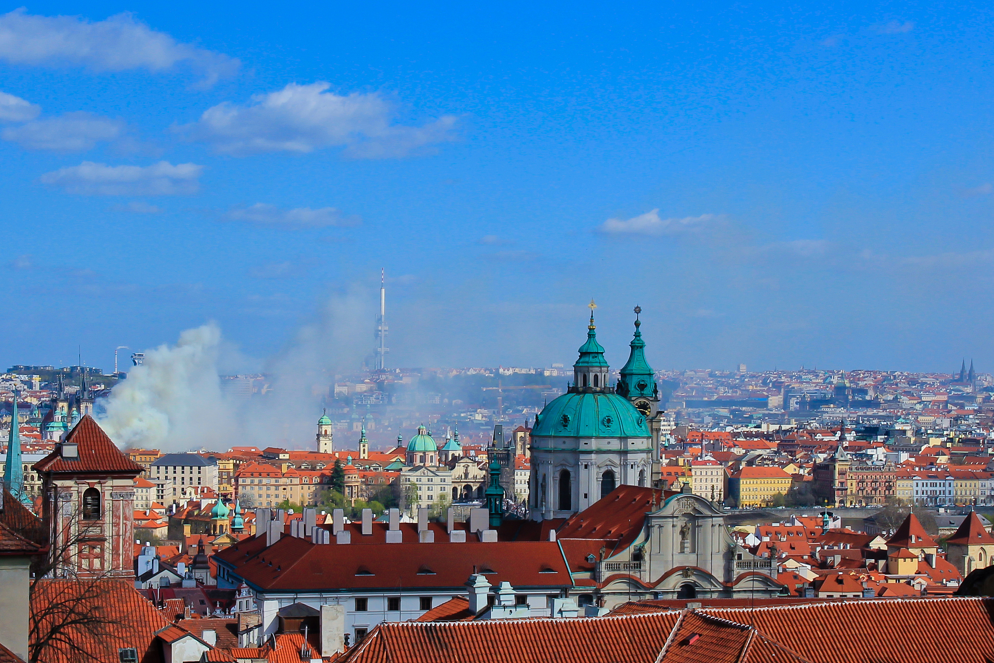 fire in prague city, czech republic