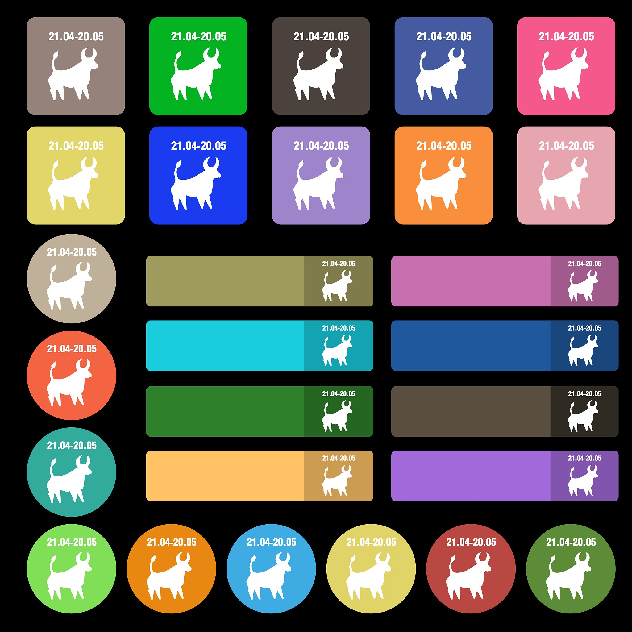 taurus icon sign. set from twenty seven multicolored flat button
