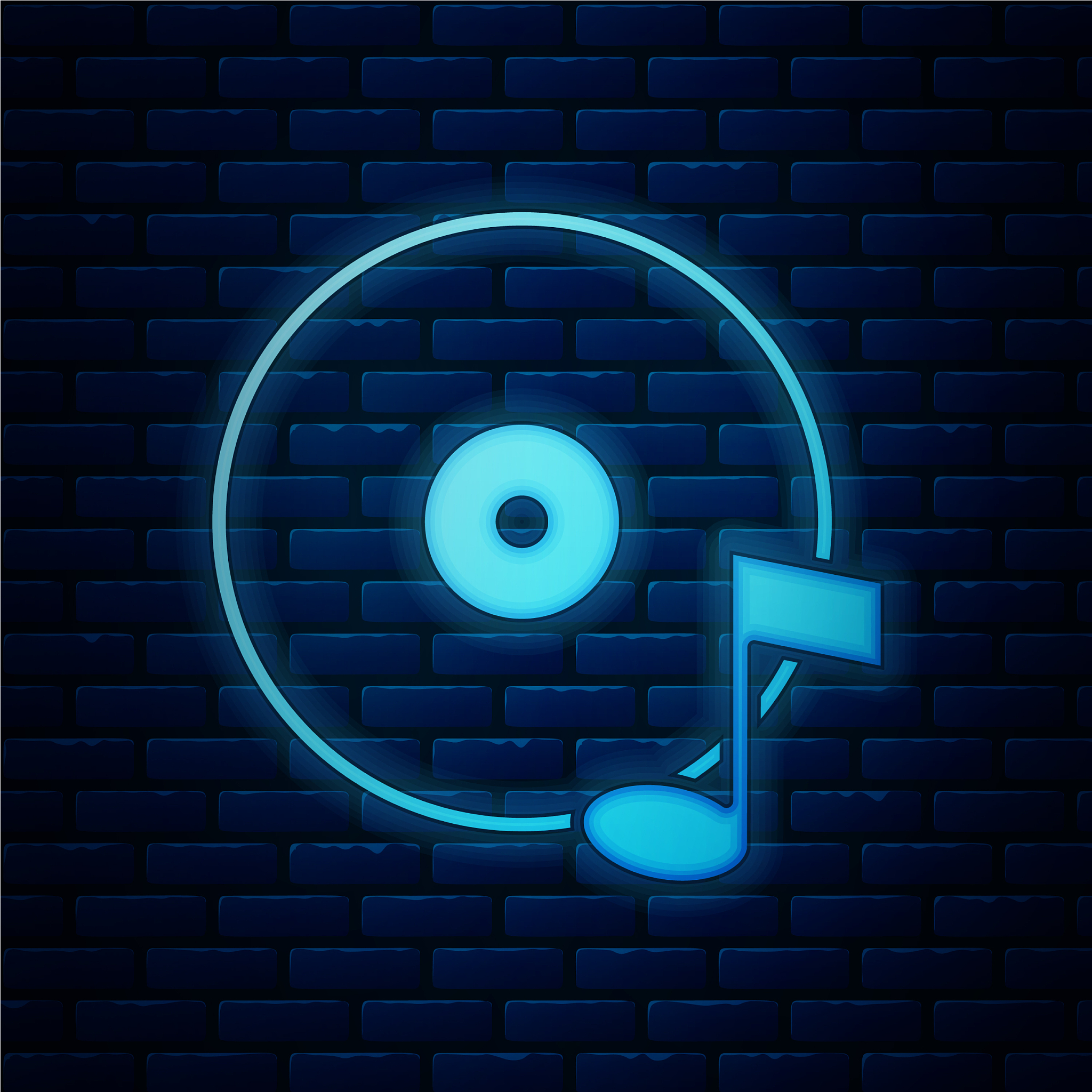 glowing neon vinyl disk icon isolated on brick