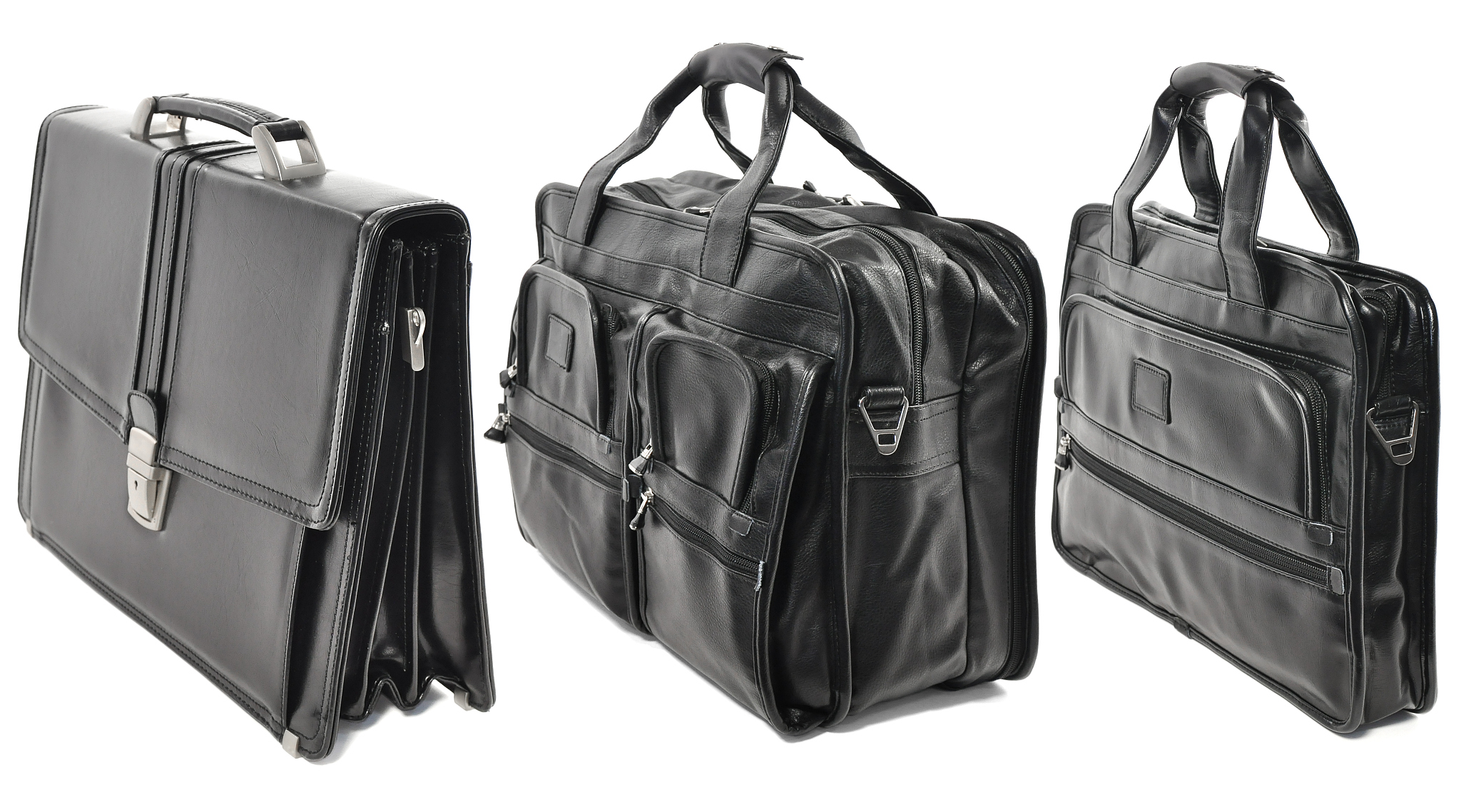 three black leather bags isolated on white background. set brief