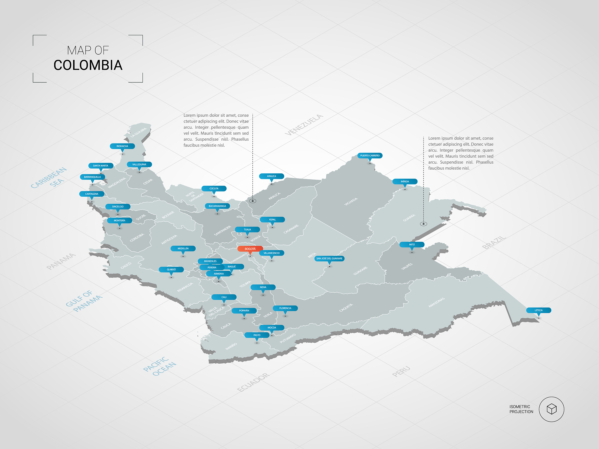 isometric colombia map with city names and