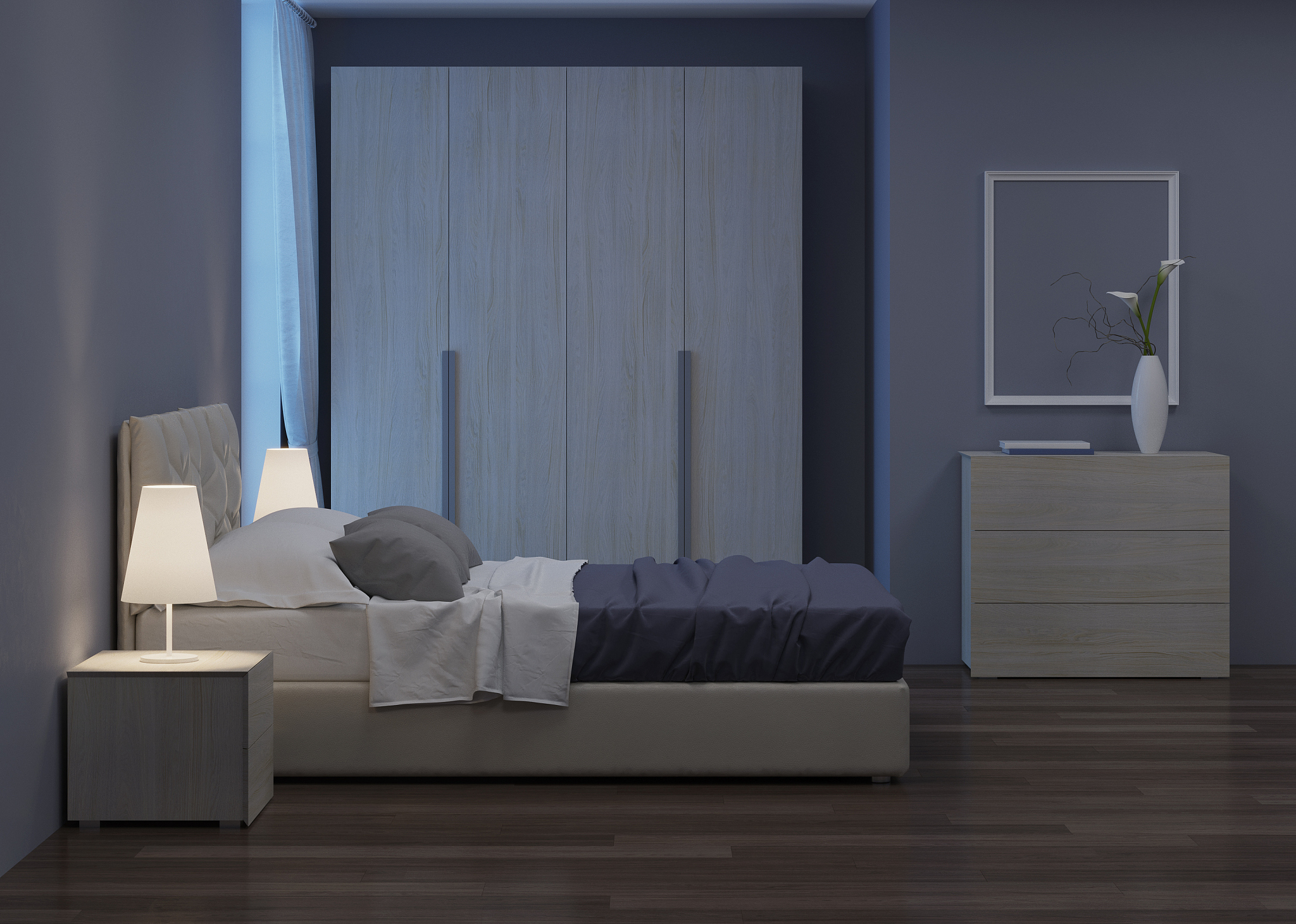 bedroom interior design. night lighting. 3d rendering.