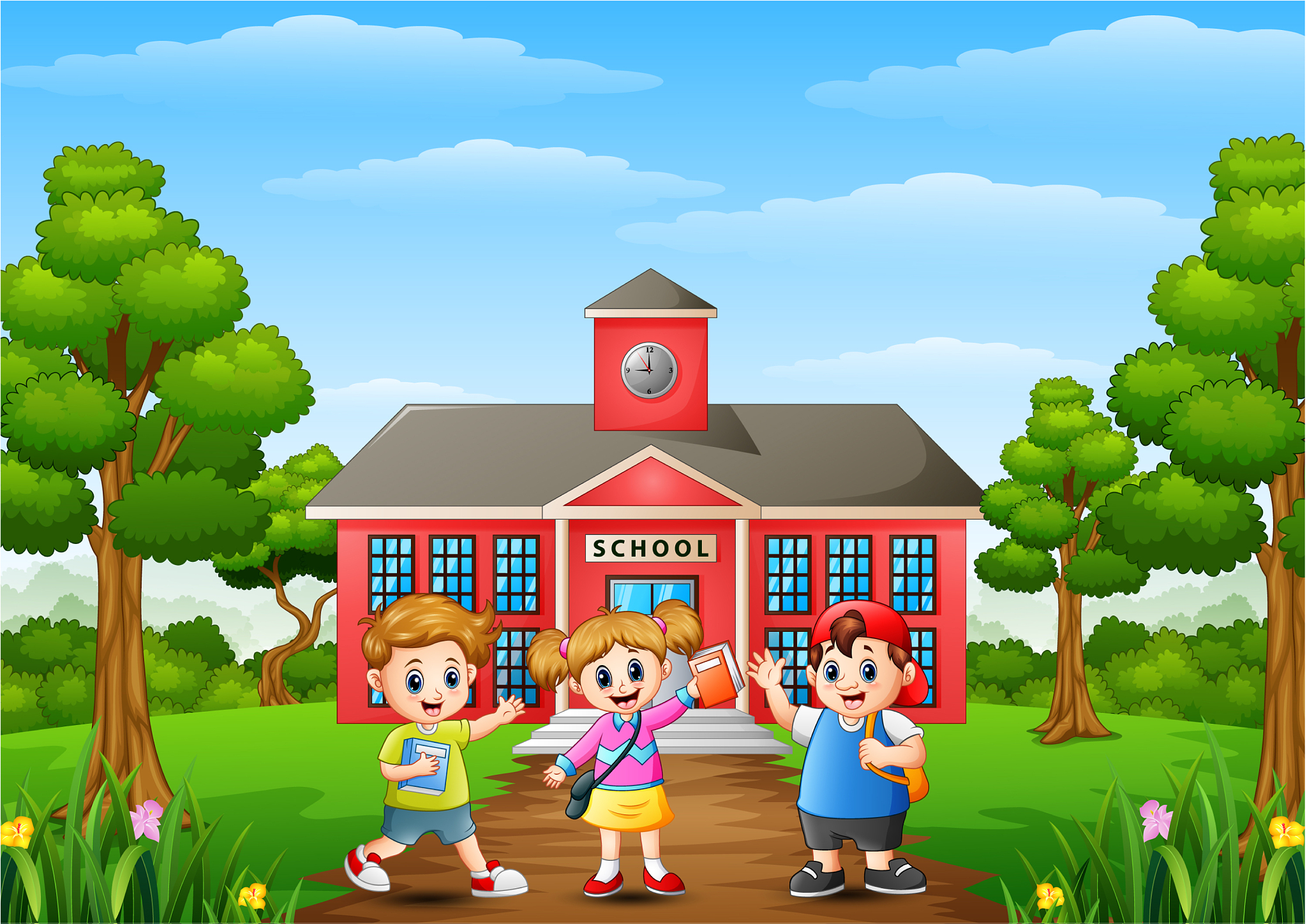 happy school children standing in front of school