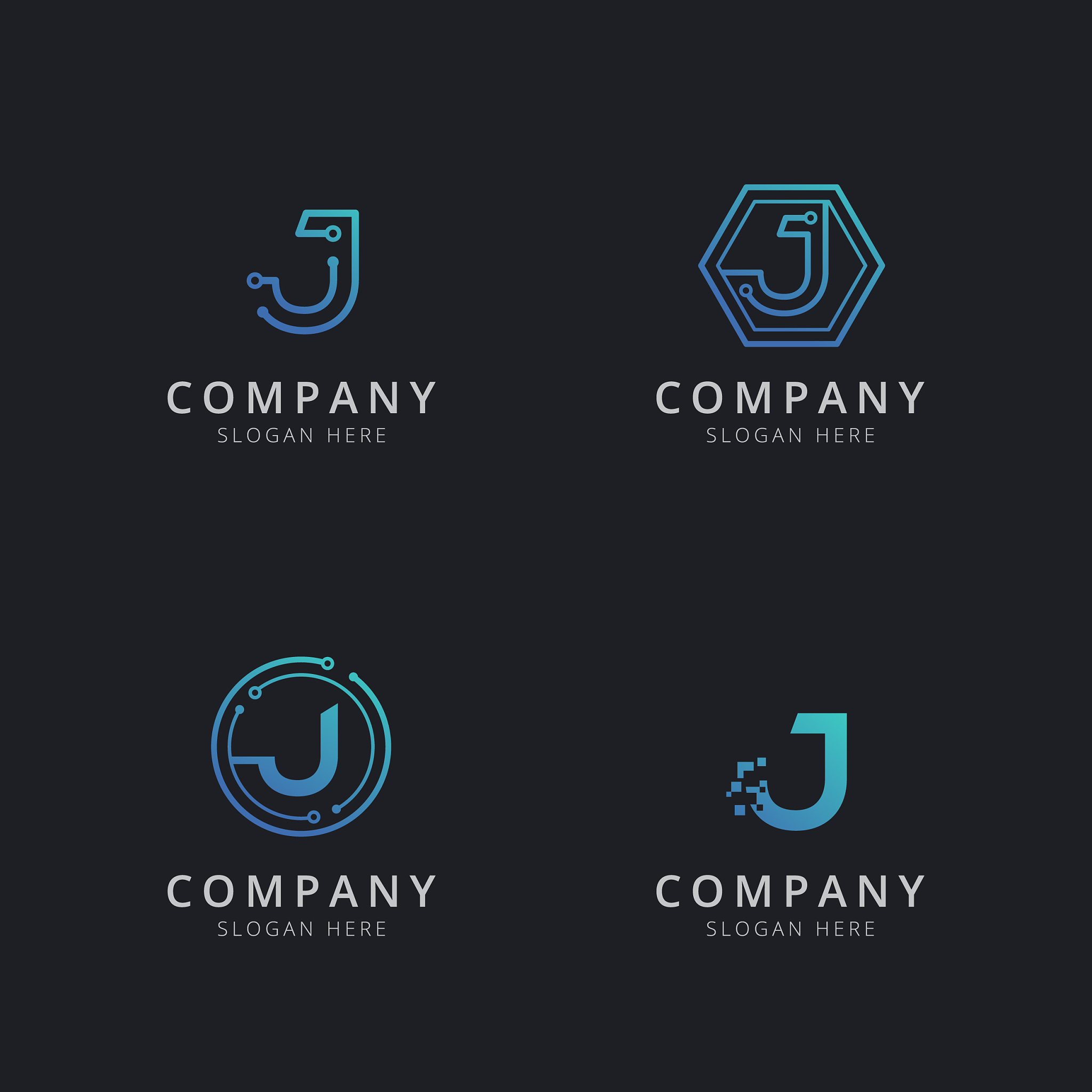 initial j logo with technology elements in blue color