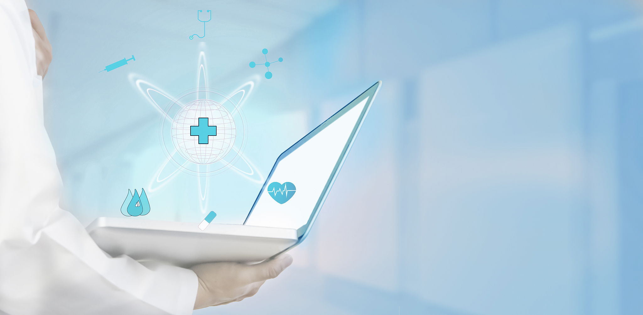 doctor hold laptop computer,medical icon and symbol,world hologr