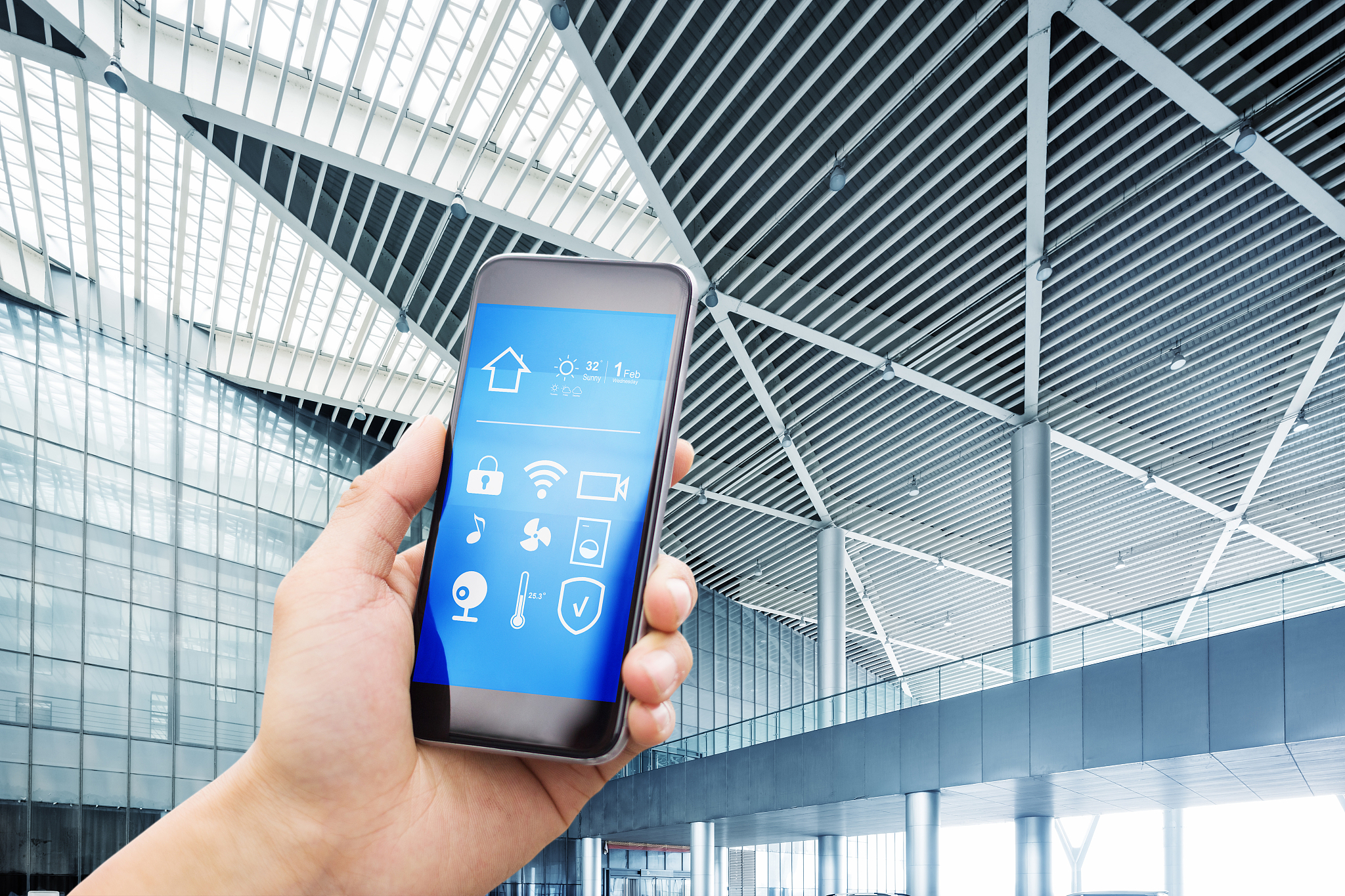 smart phone with smart home with modern hall