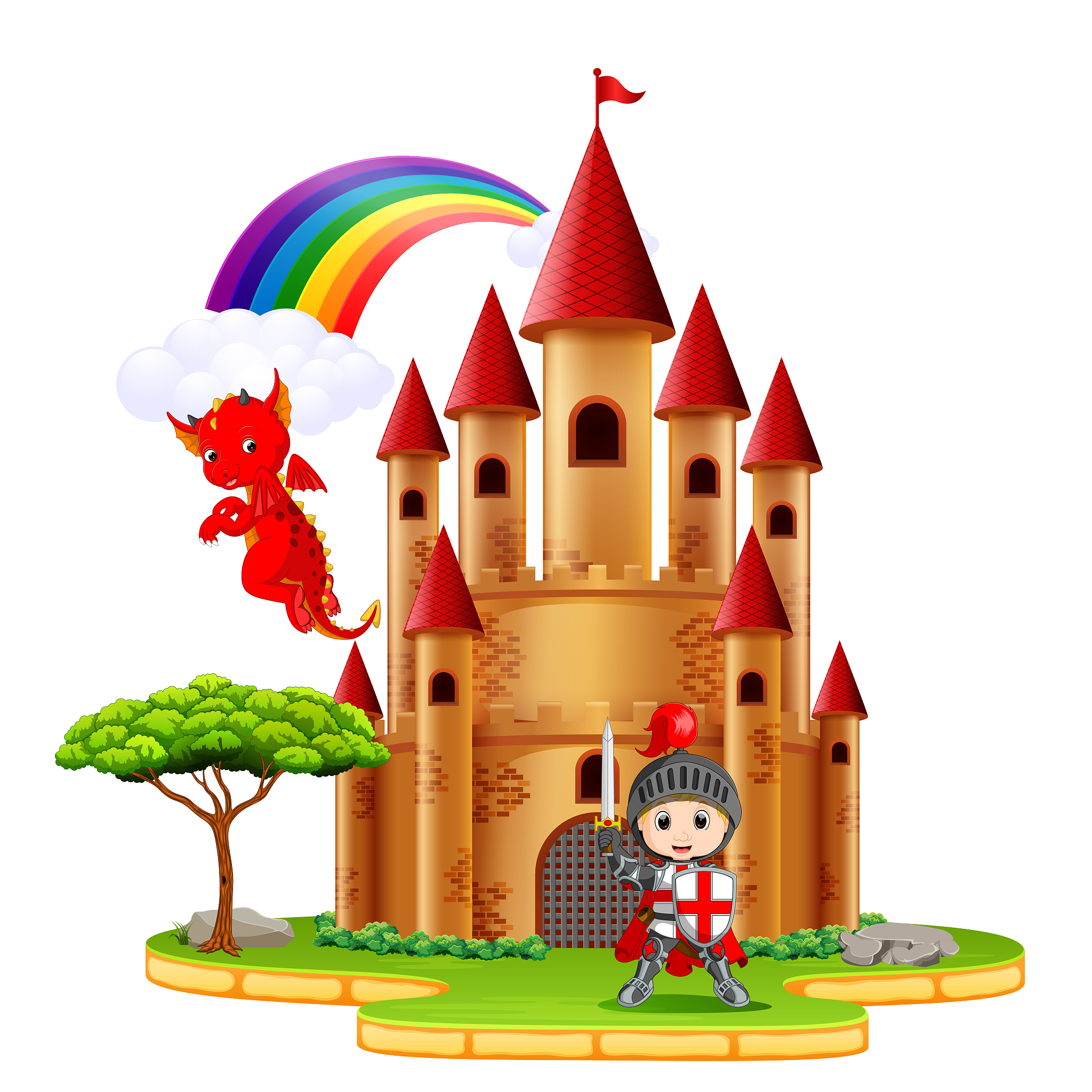 castle with dragon and a knight