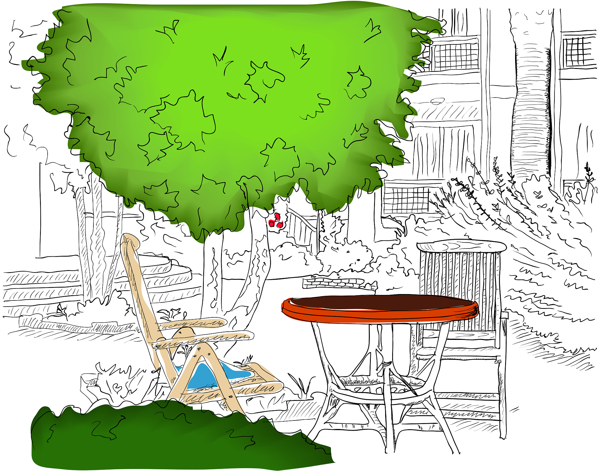 cafe in the garden. partially colored version.