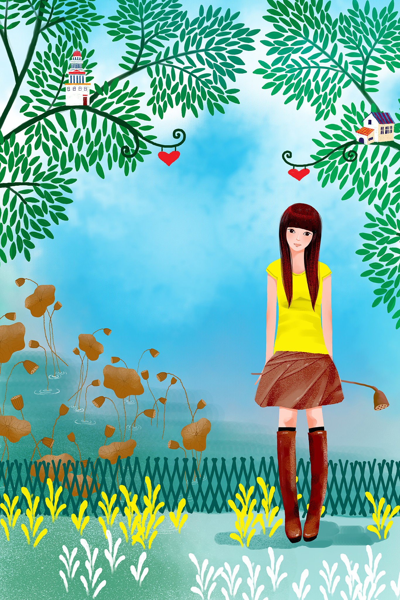 唯美时尚人物插画-拿着花盆穿着短裙的漂亮女孩