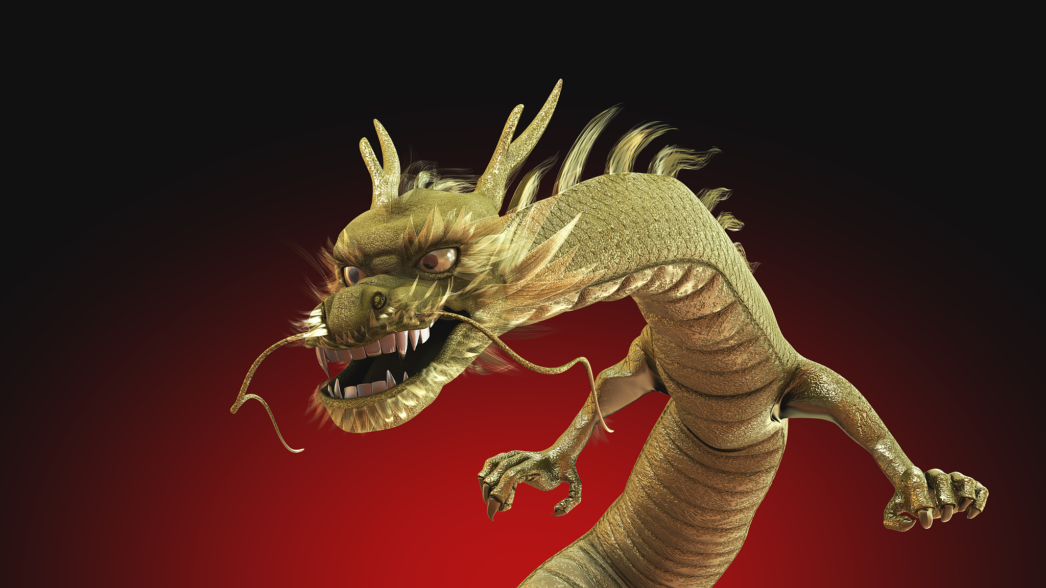 3d rendering gold dragon with fierce face and strong pose.
