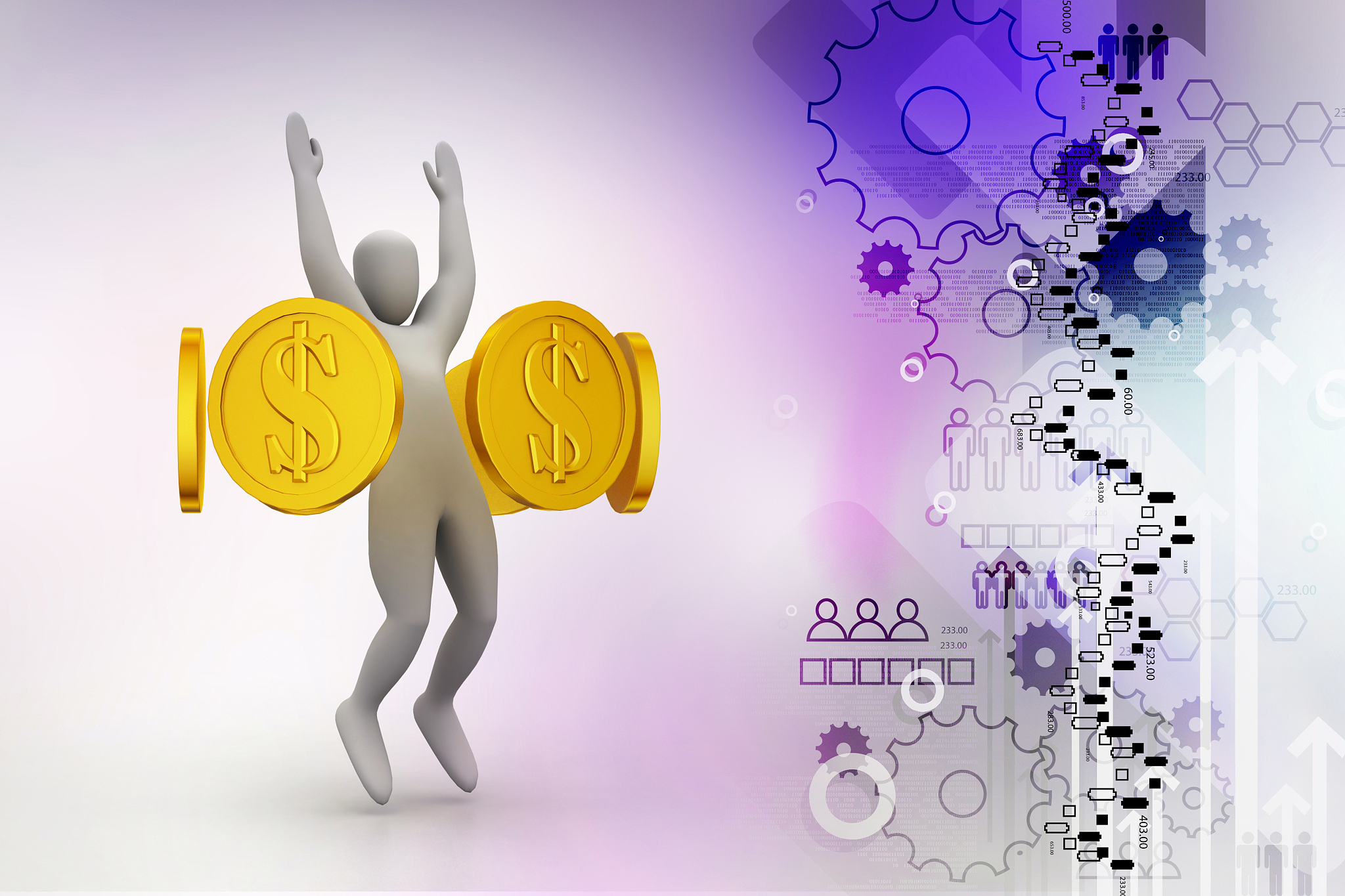 golden coins around happy 3d small person