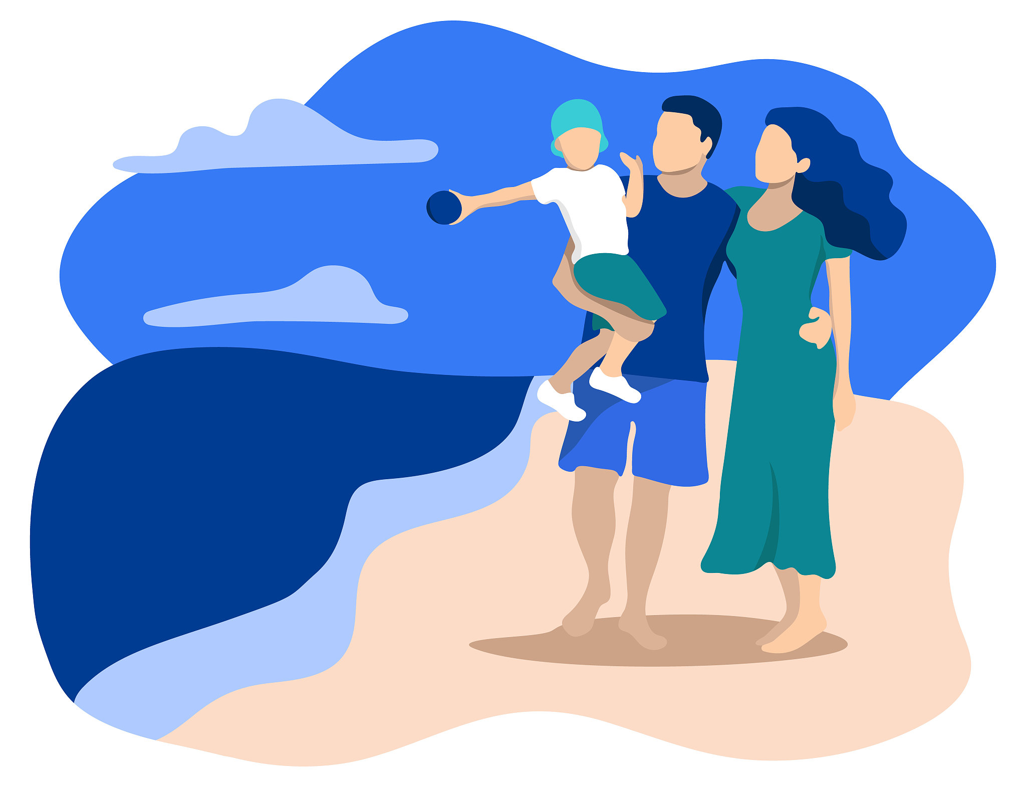 family of mom, dad and little son on the sea shore