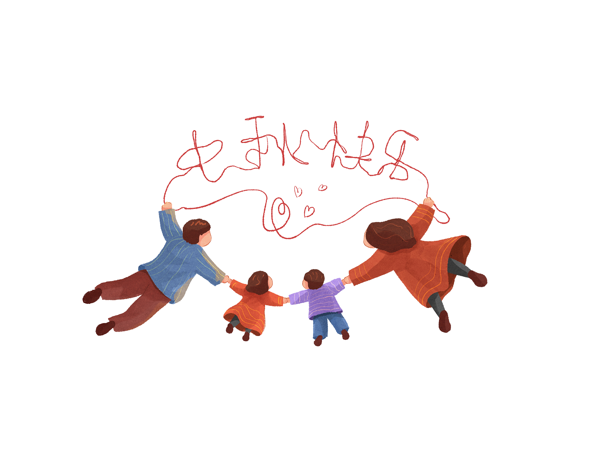 手拉手的一家人中秋人物插画