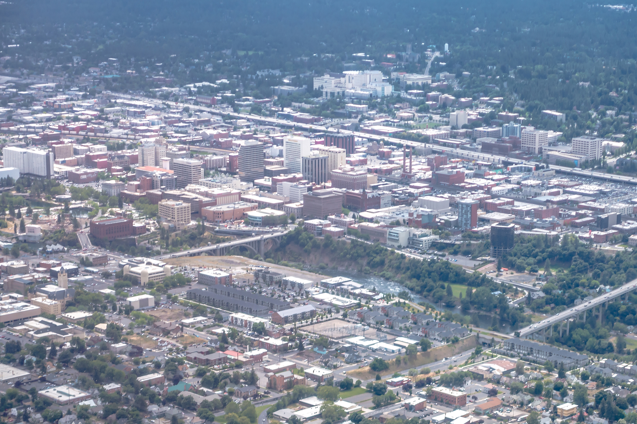 aerial over spokane washington from airplane