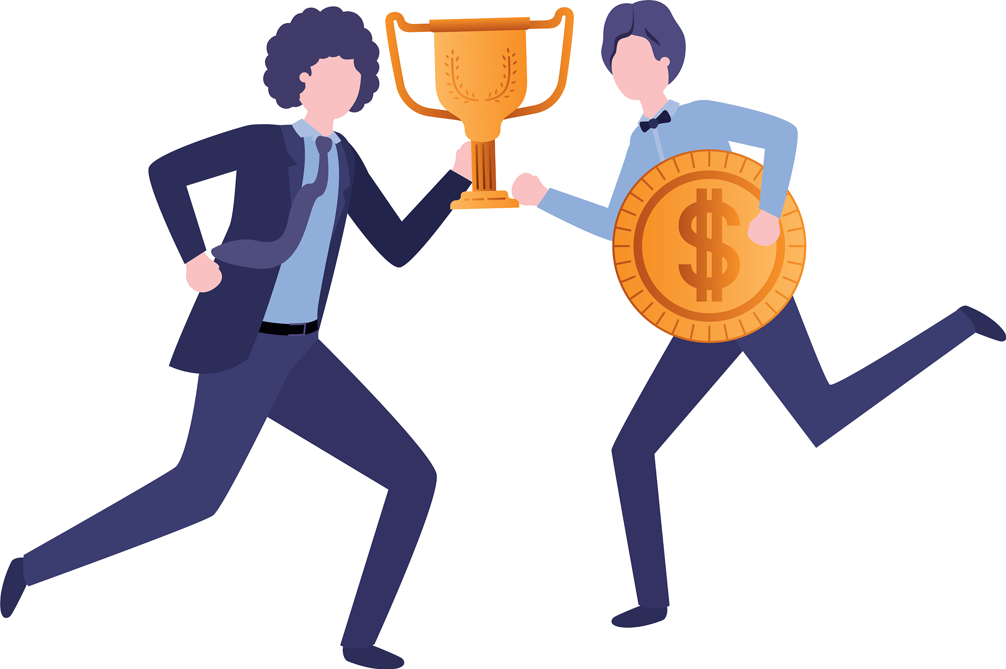businessmen with trophy and coin character
