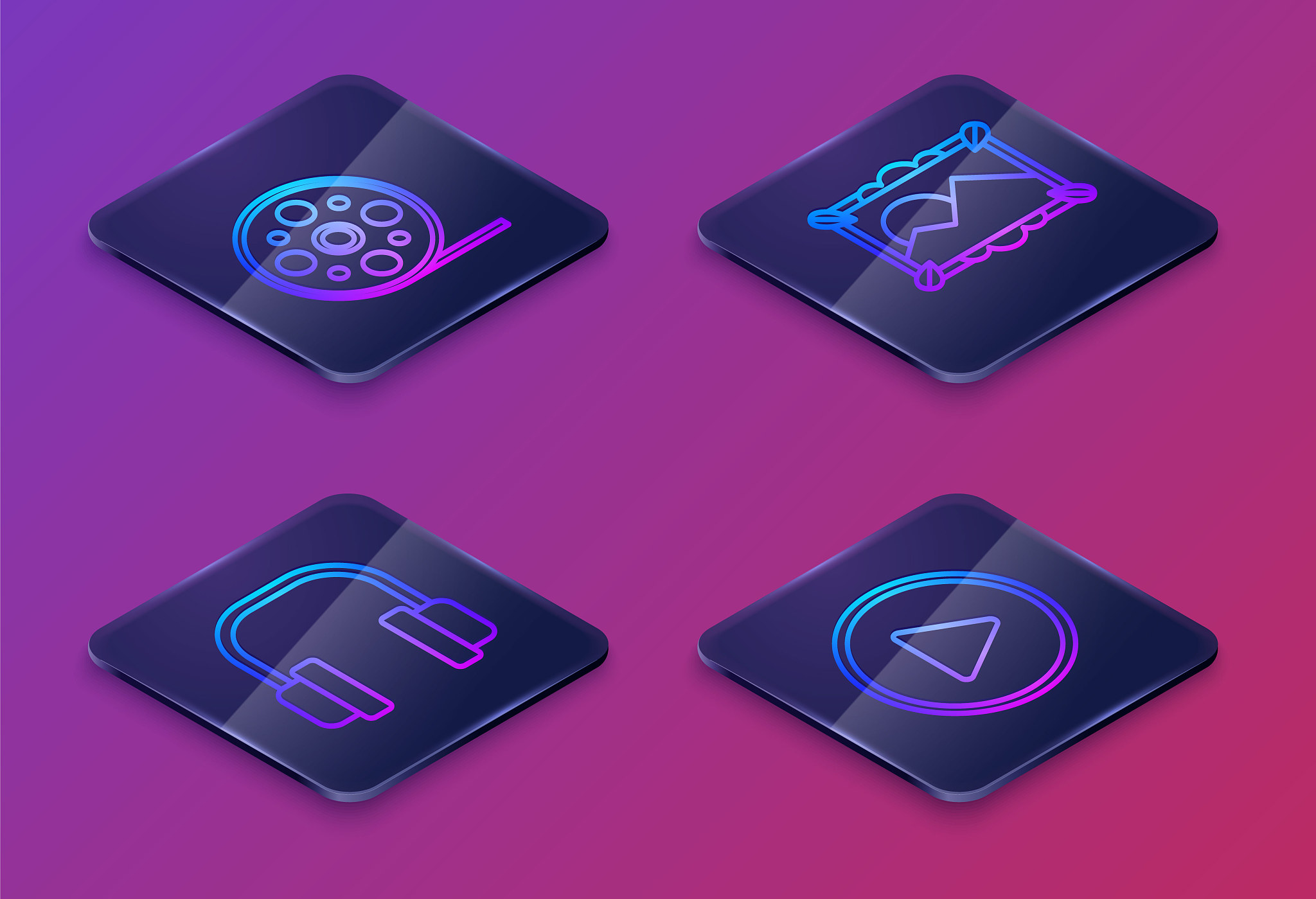 set isometric line film reel, headphones, picture landscape and 
