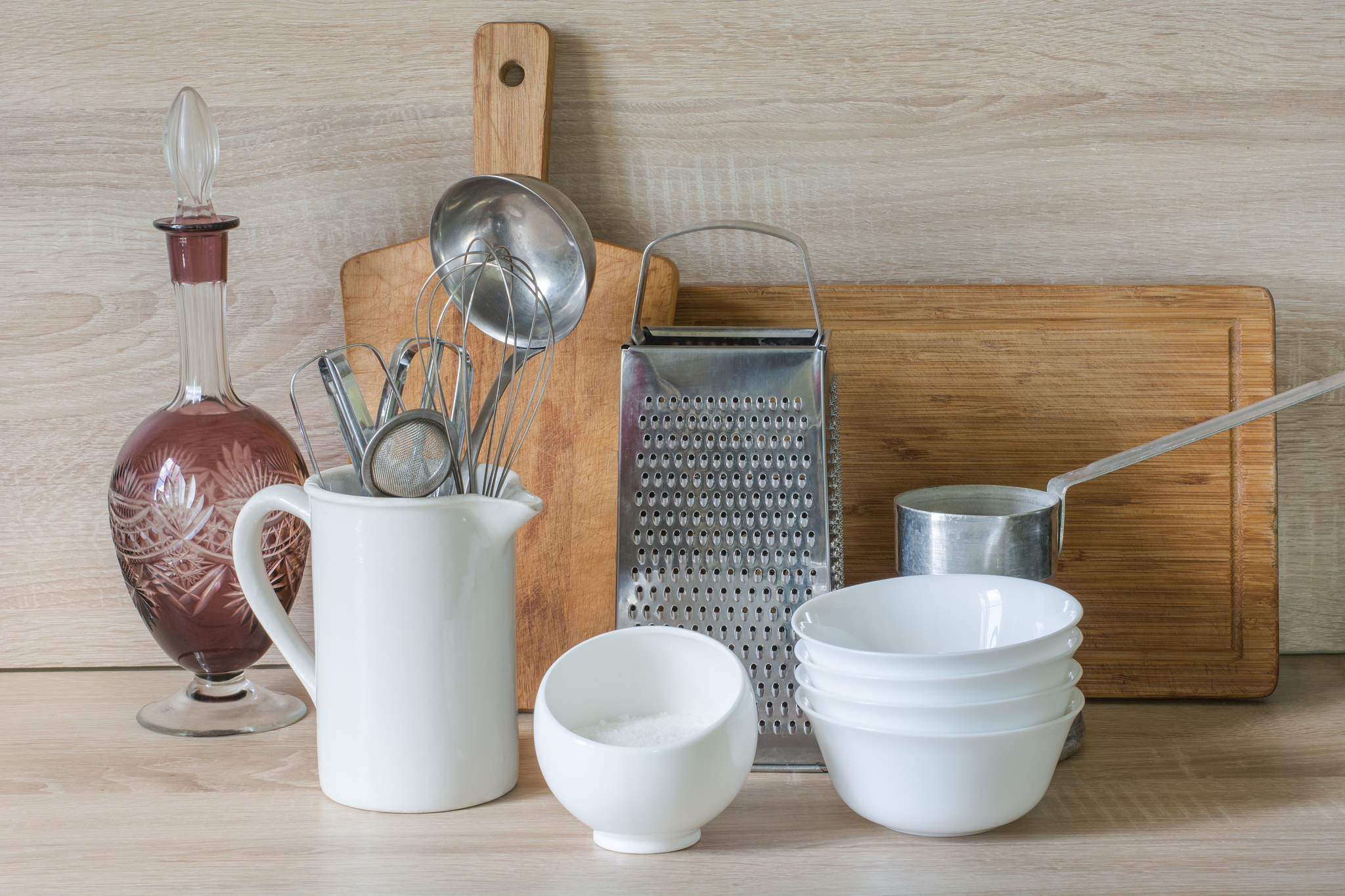 crockery, tableware, utensils and other different stuff on woode
