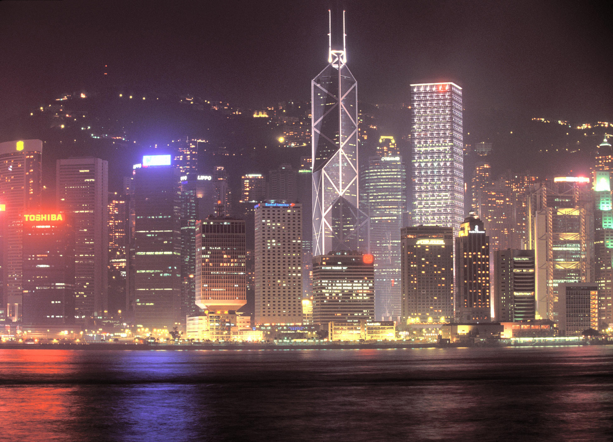 bank of china and night skyline, hong kong, china