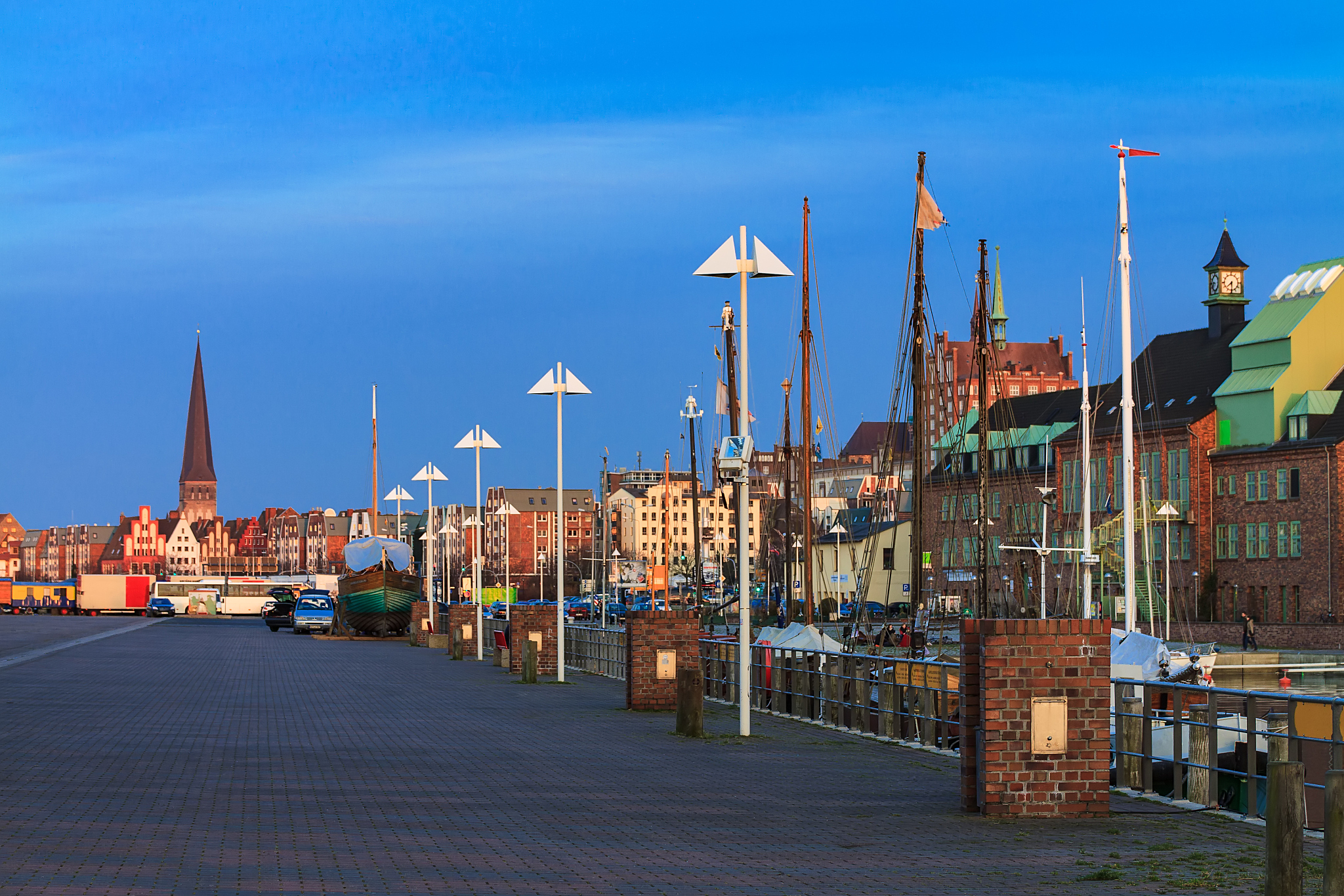 evening in the city port of rostock, germany