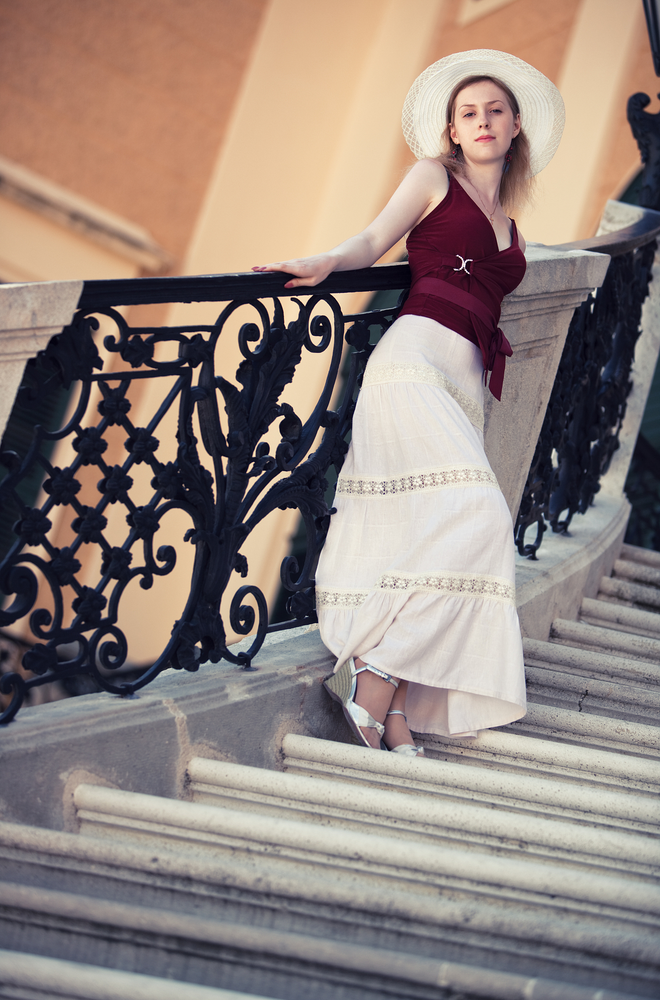 young slim woman on stairs