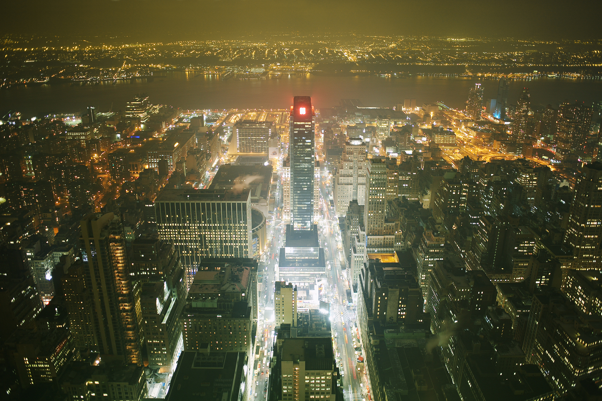 usa, new york city, cityscape at night, elevated view