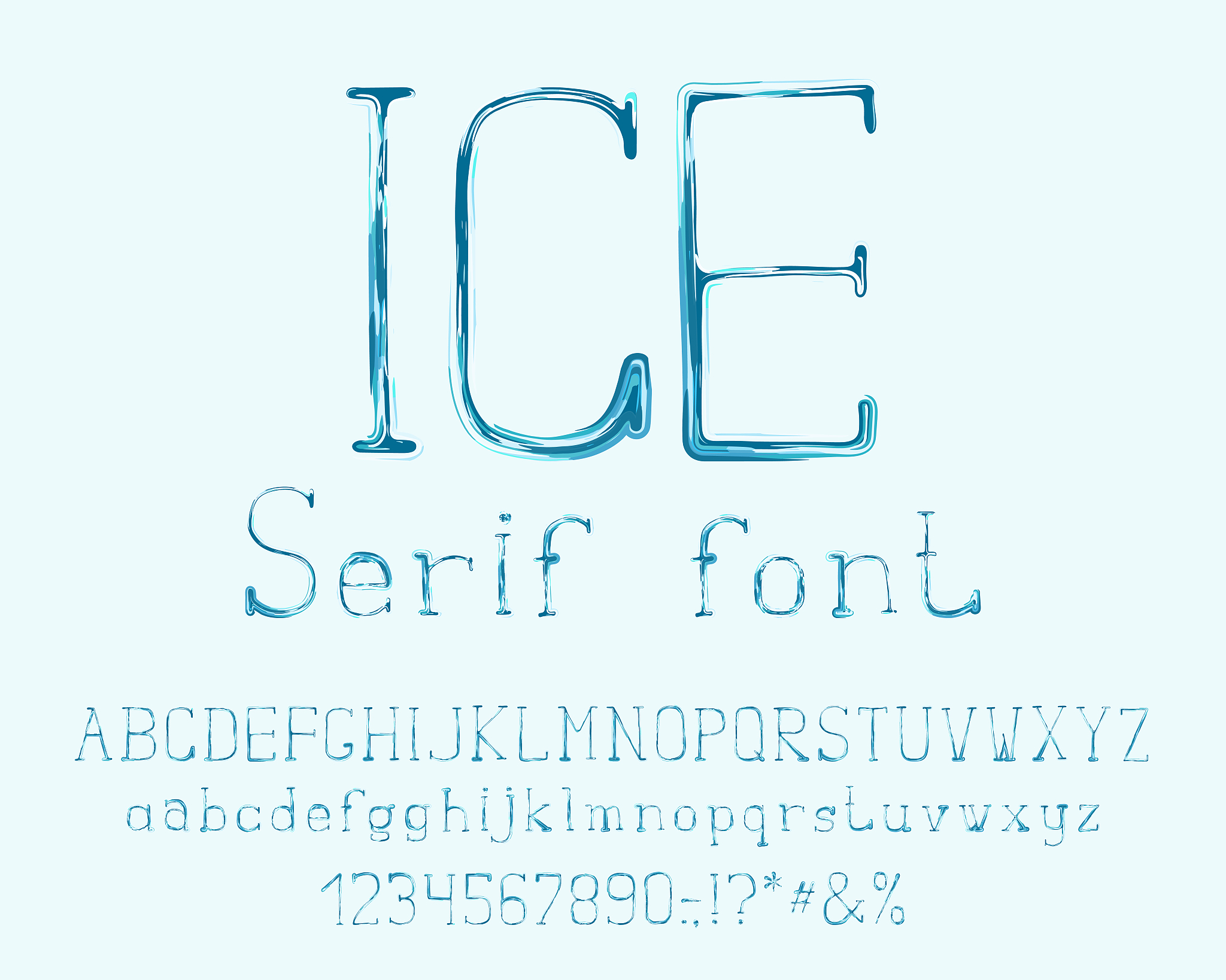 alphabet brush design, blue ice color. vector letters, numbers a