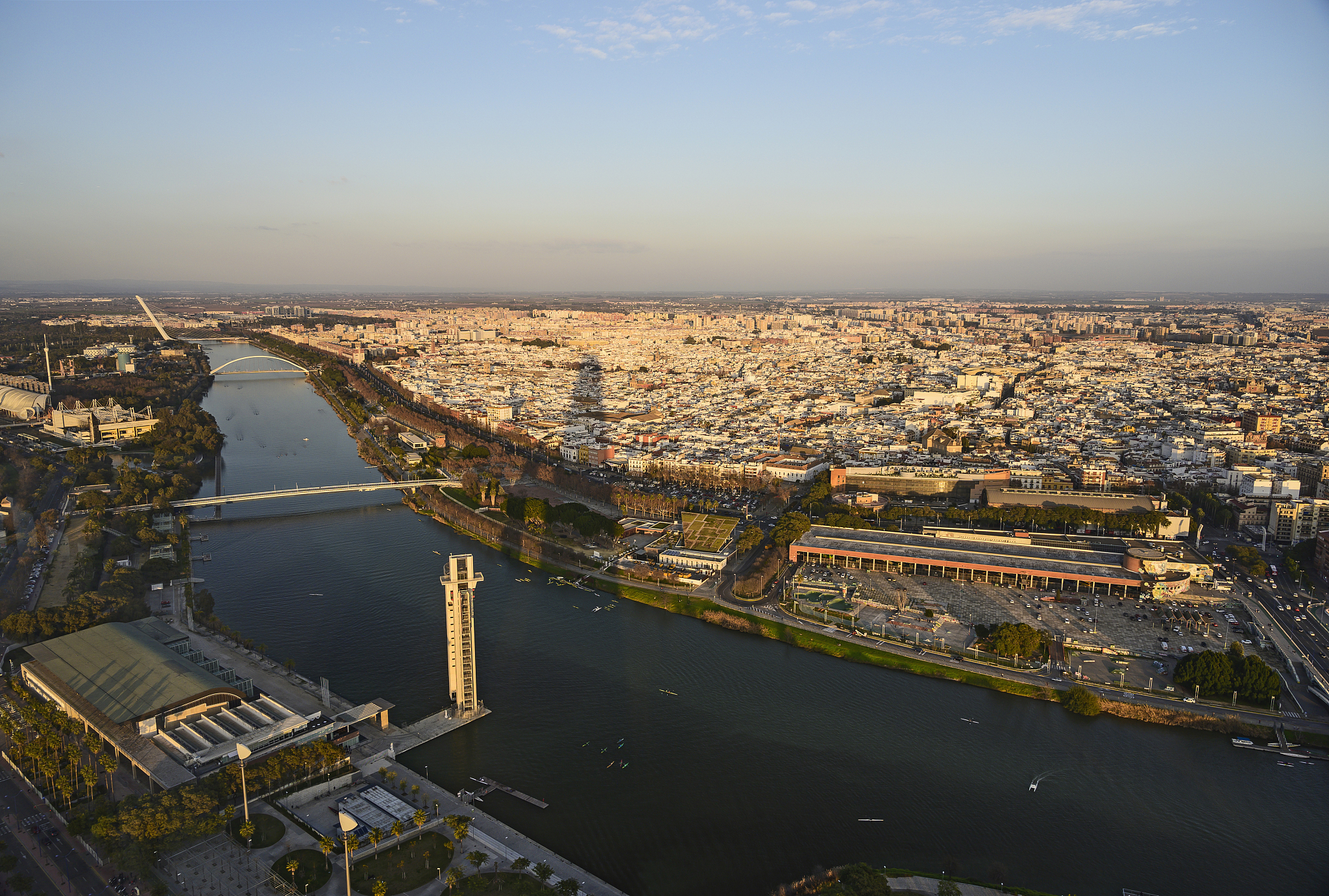 spain, andalusia, seville, high angle view over guadalquivir riv