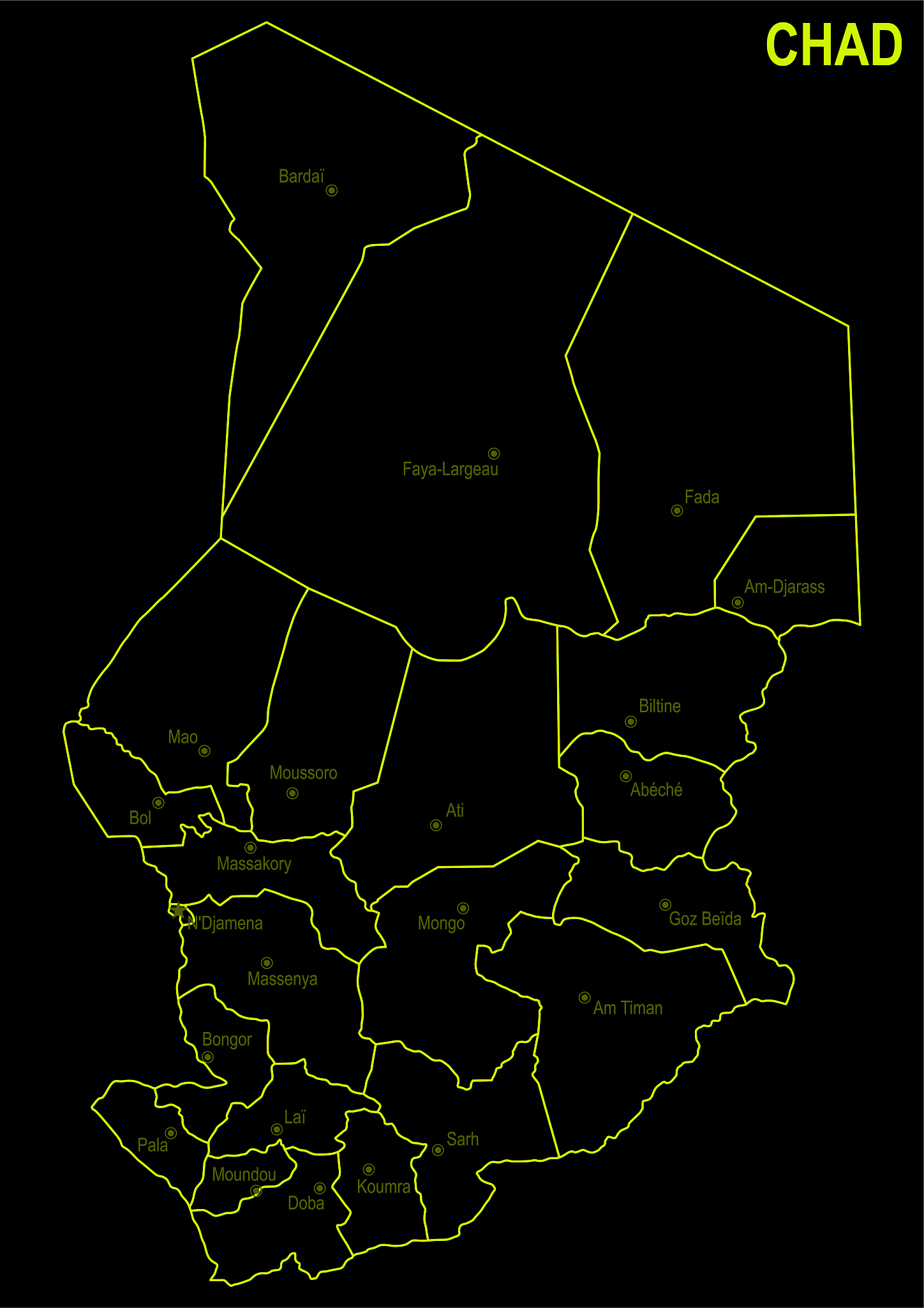 neon map of chad   against black background
