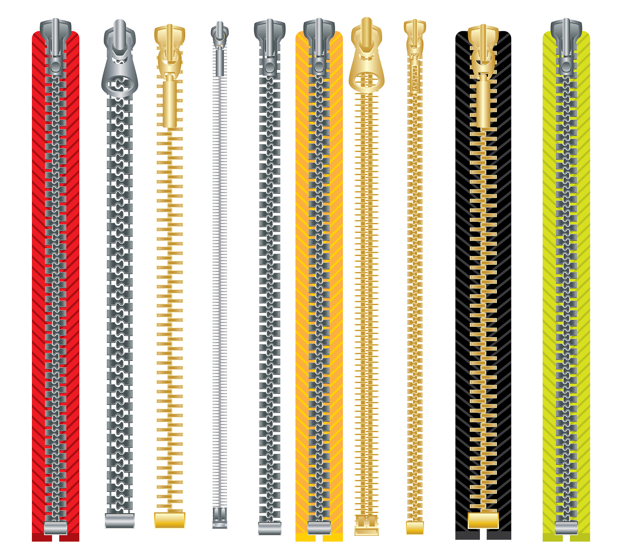 metal and plastic zipper set isolated on white background.