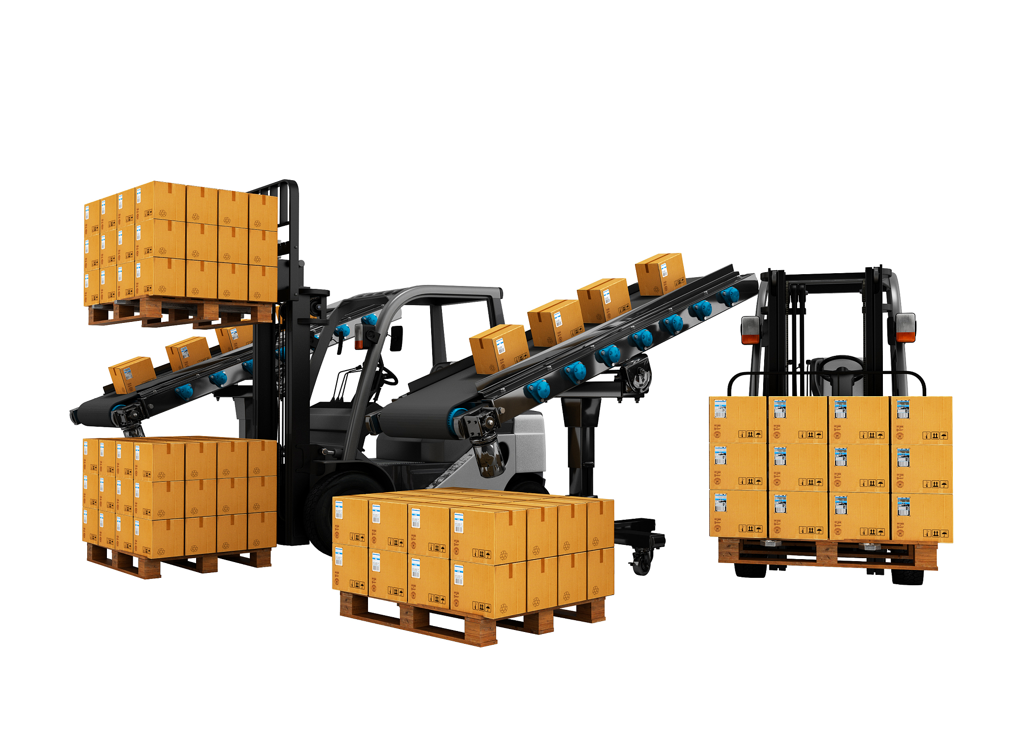 transportation and unloading of goods by forklifts 3d render on 