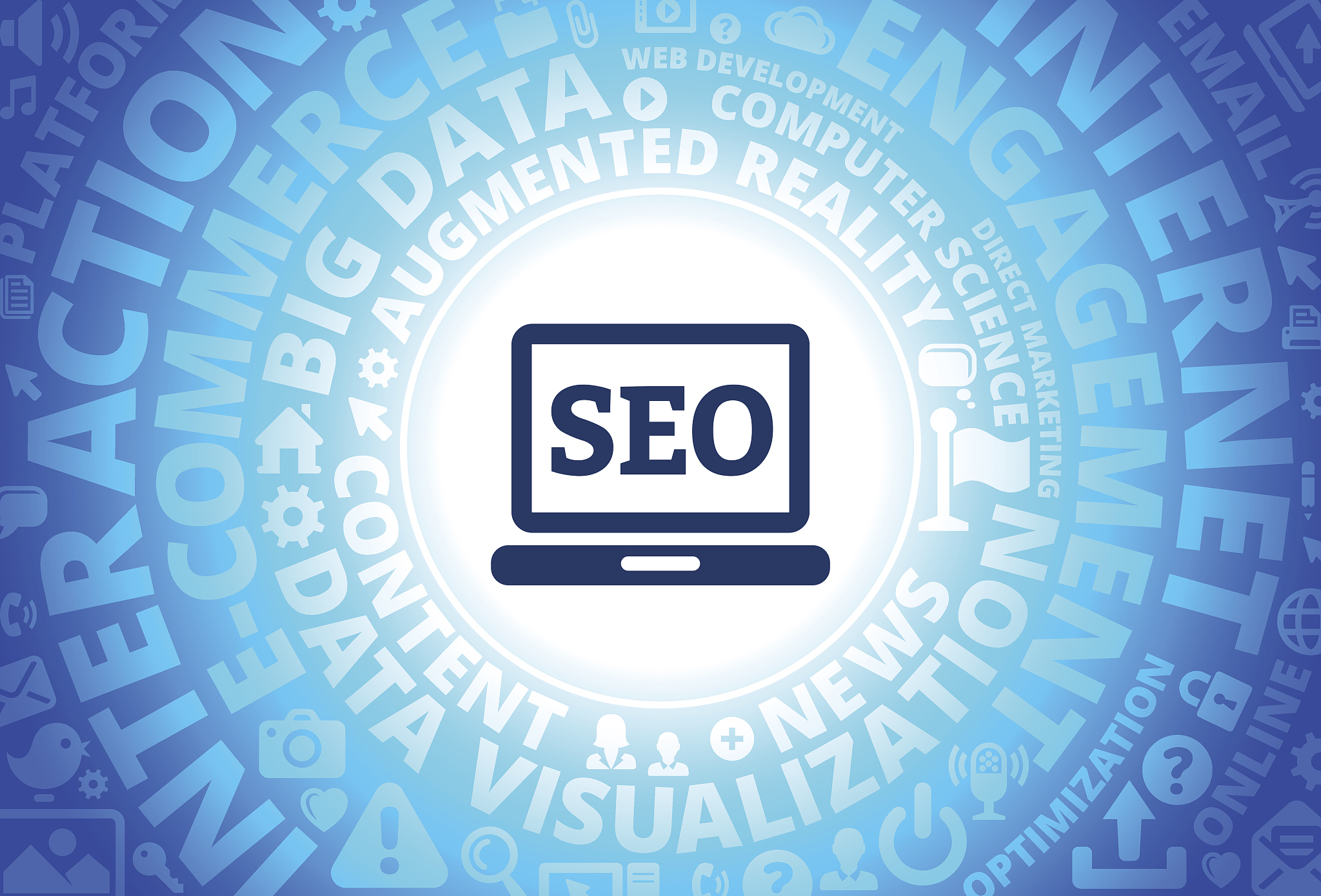 seo on laptop icon on internet modern technology words backgroun